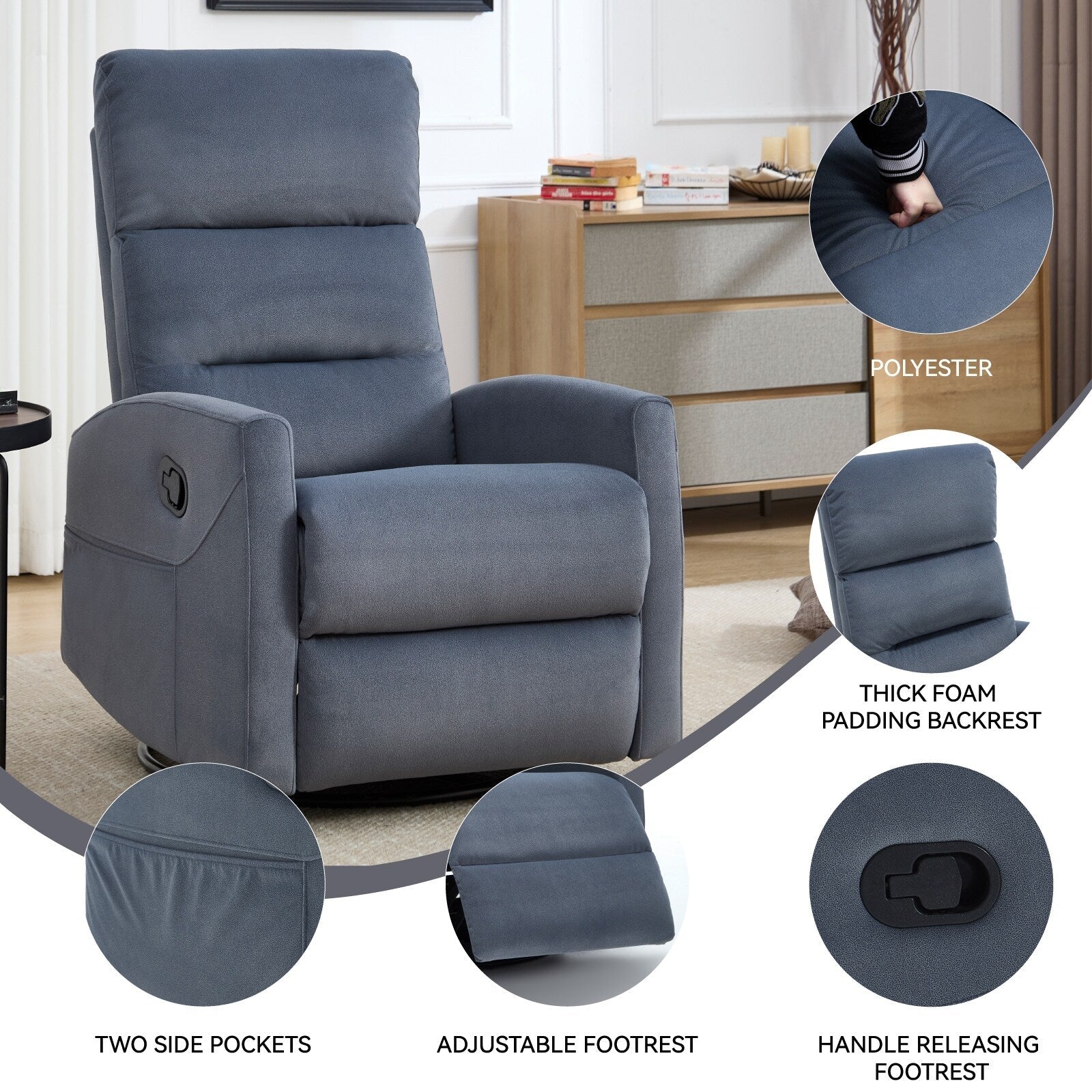 Fauteuil inclinable à bascule pivotant à 360°, en tissu, à réglage manuel, avec dossier et accoudoirs carrés, siège pour chambre d'enfant.