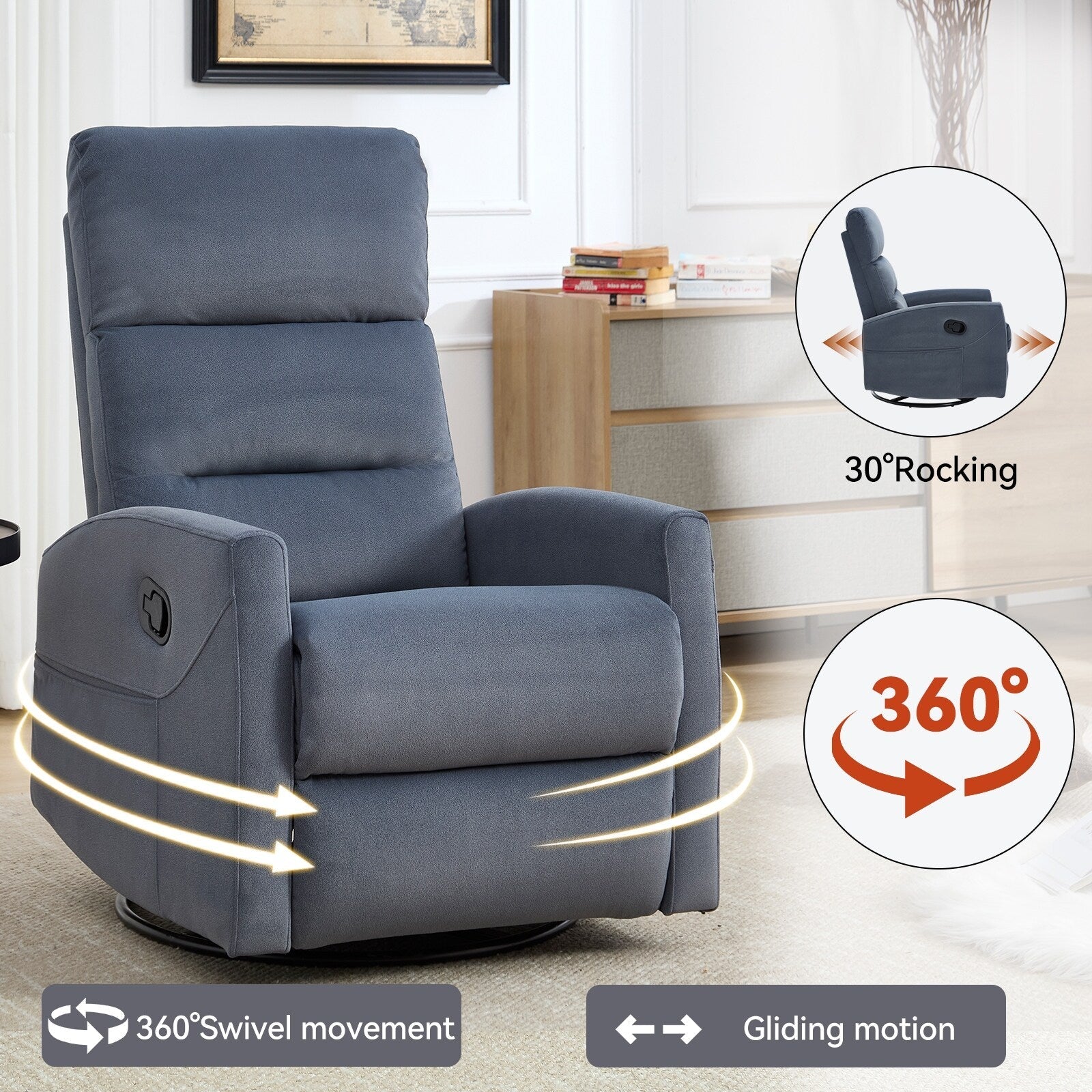 Fauteuil inclinable à bascule pivotant à 360°, en tissu, à réglage manuel, avec dossier et accoudoirs carrés, siège pour chambre d'enfant.