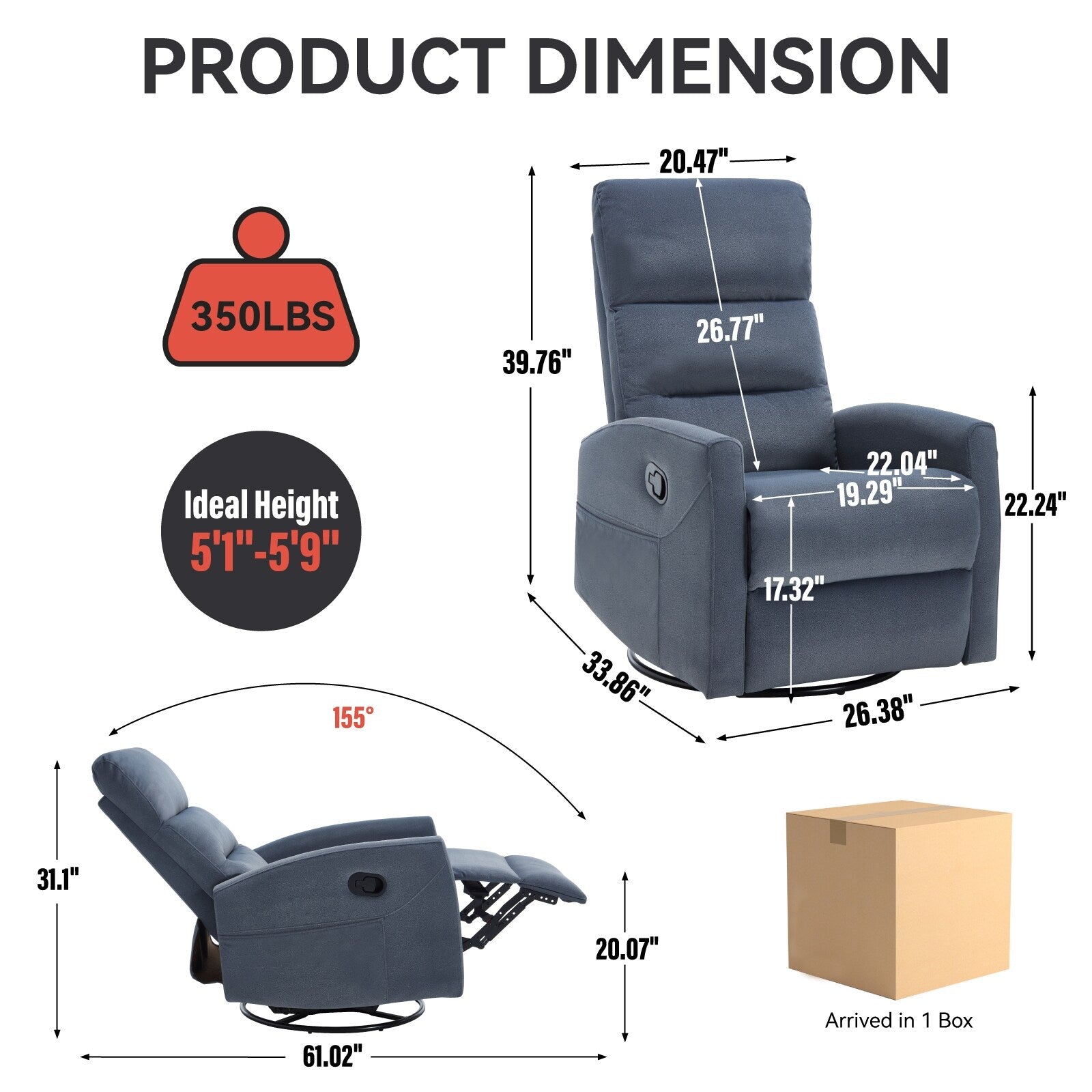 Fauteuil inclinable à bascule pivotant à 360°, en tissu, à réglage manuel, avec dossier et accoudoirs carrés, siège pour chambre d'enfant.
