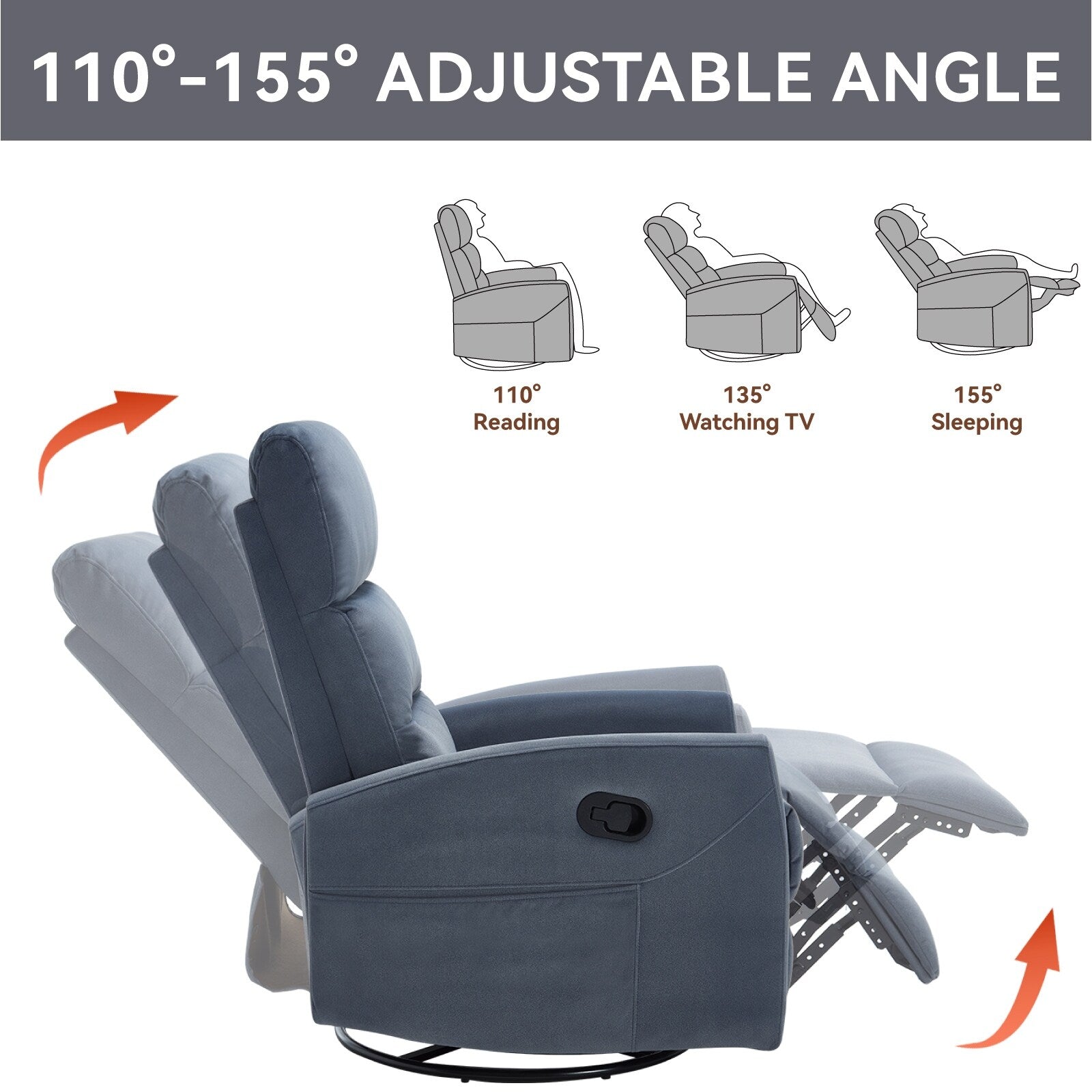 Fauteuil inclinable à bascule pivotant à 360°, en tissu, à réglage manuel, avec dossier et accoudoirs carrés, siège pour chambre d'enfant.