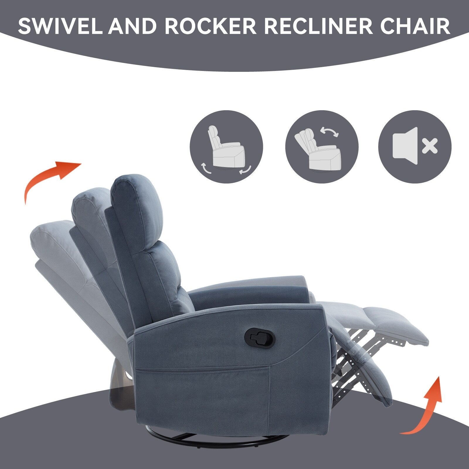 Fauteuil inclinable à bascule pivotant à 360°, en tissu, à réglage manuel, avec dossier et accoudoirs carrés, siège pour chambre d'enfant.