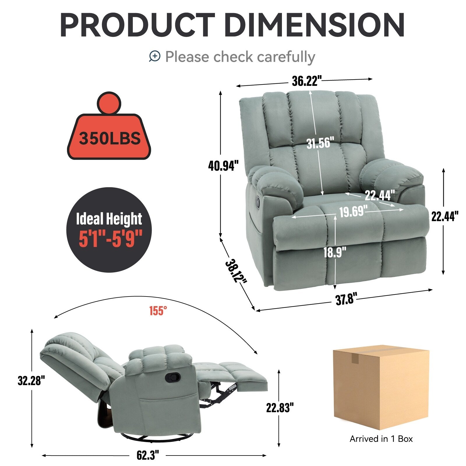 360° Swivel Rocker Recliner Chair - Oversized Comfort, 155° Recline, Tool-Free Assembly