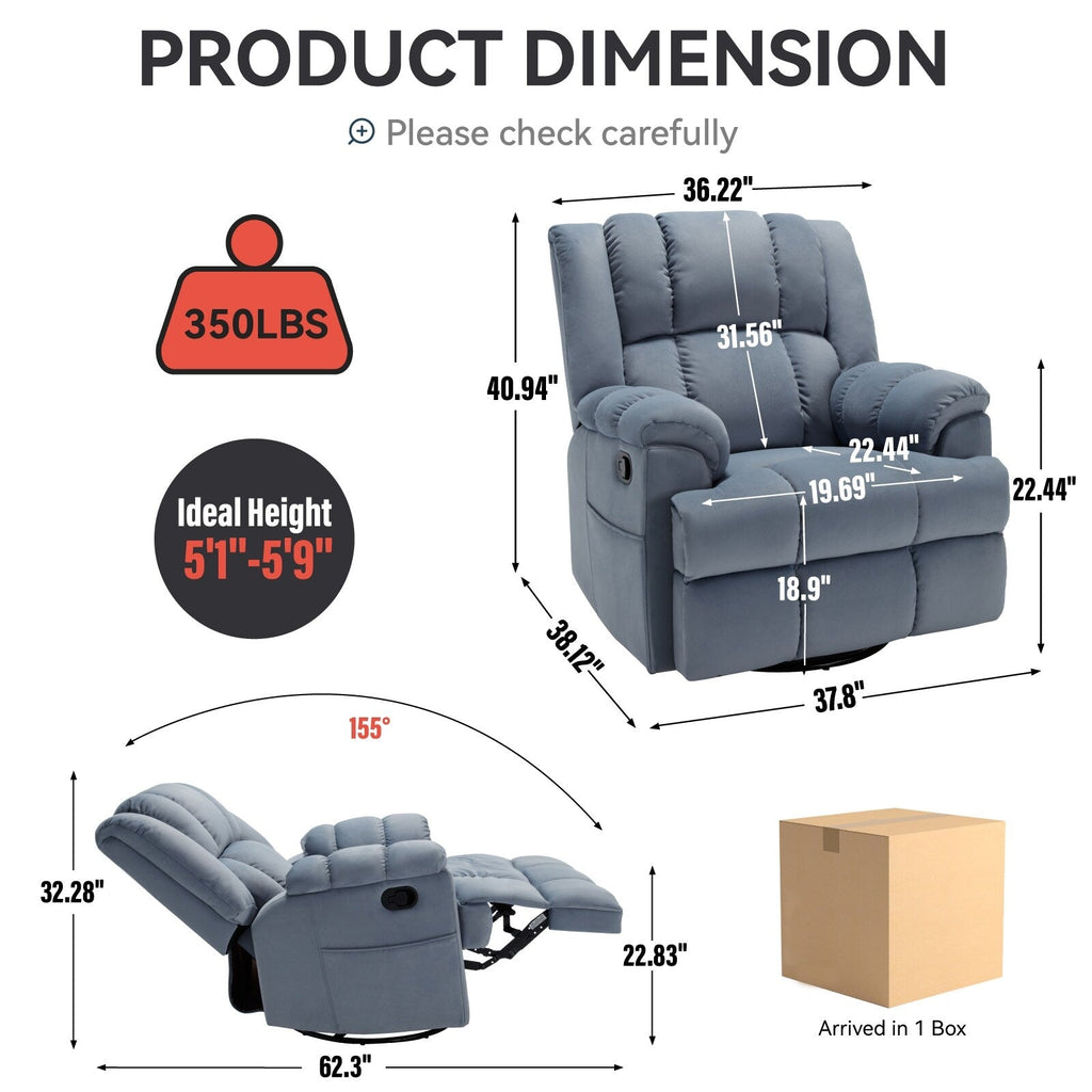 360° Swivel Rocker Recliner Chair - Oversized Comfort, 155° Recline, Tool-Free Assembly
