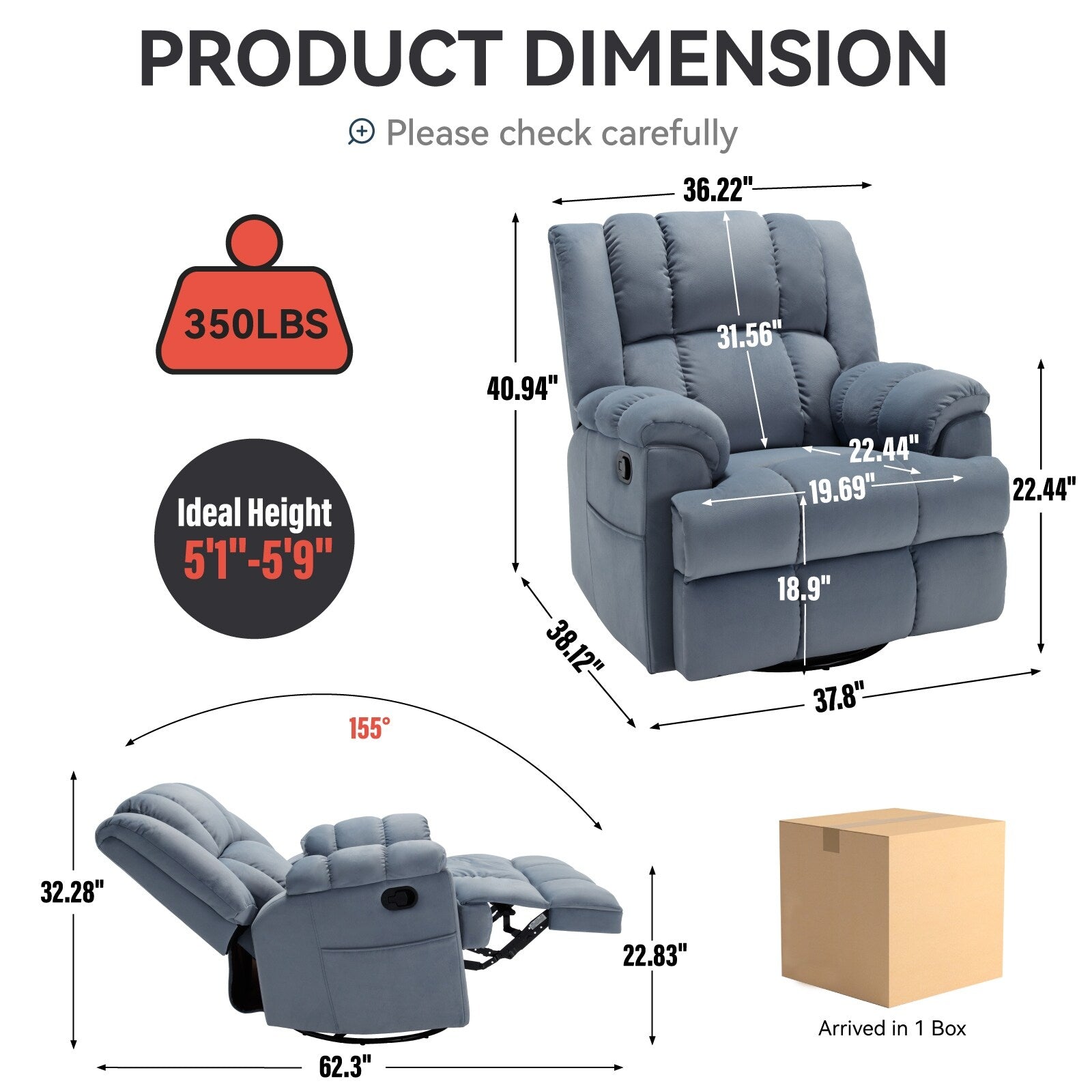 360° Swivel Rocker Recliner Chair - Oversized Comfort, 155° Recline, Tool-Free Assembly