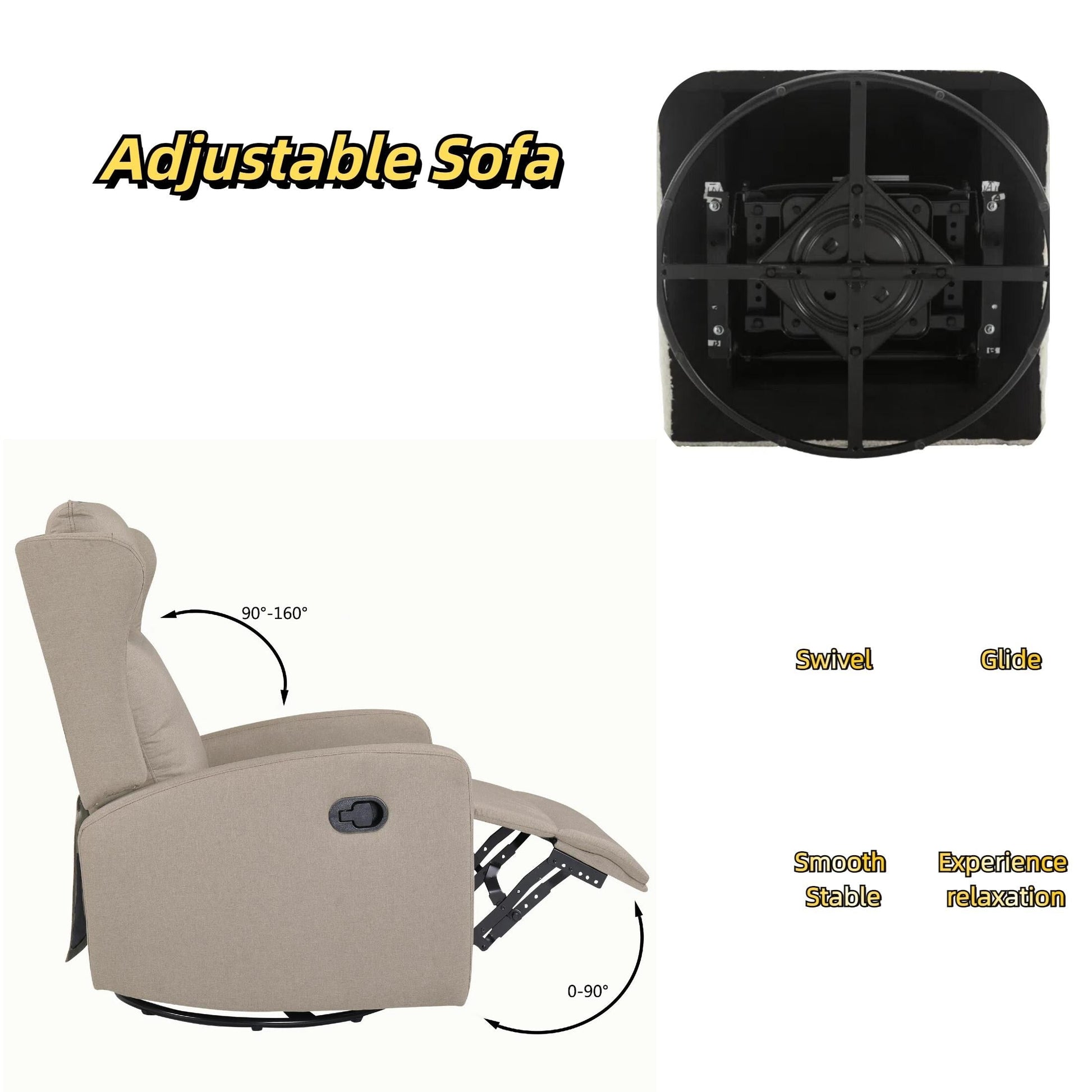 Fauteuil inclinable pivotant à 360° avec dossier réglable à 3 positions (90°-165°) et mouvement de balancement doux à 30°
