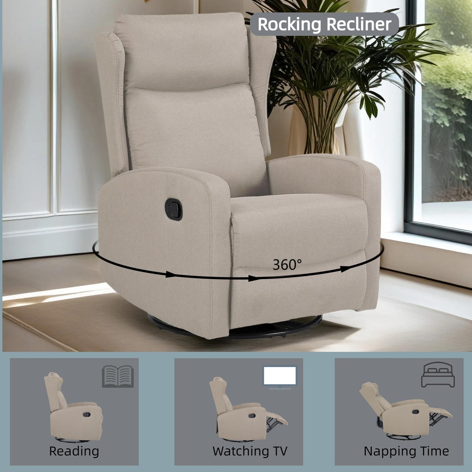 Fauteuil inclinable pivotant à 360° avec dossier réglable à 3 positions (90°-165°) et mouvement de balancement doux à 30°