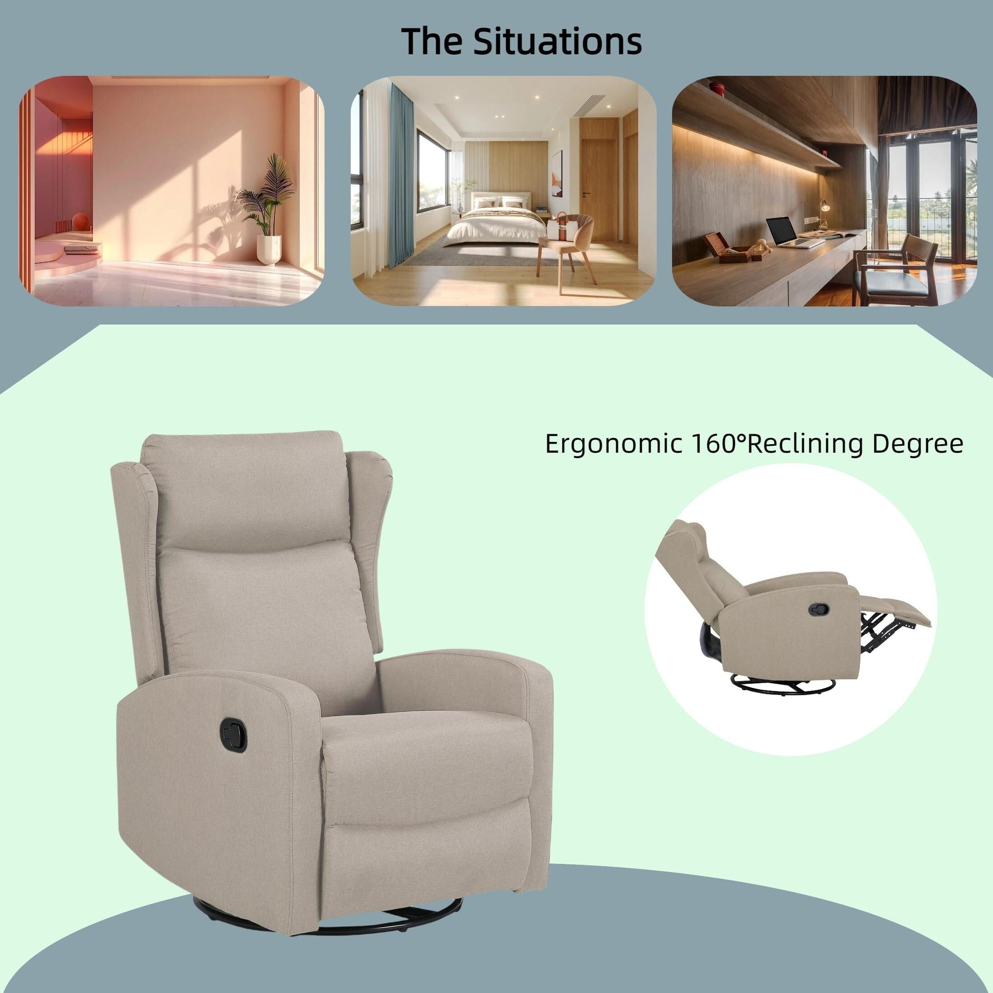 Fauteuil inclinable pivotant à 360° avec dossier inclinable à 3 positions et fonction oscillante