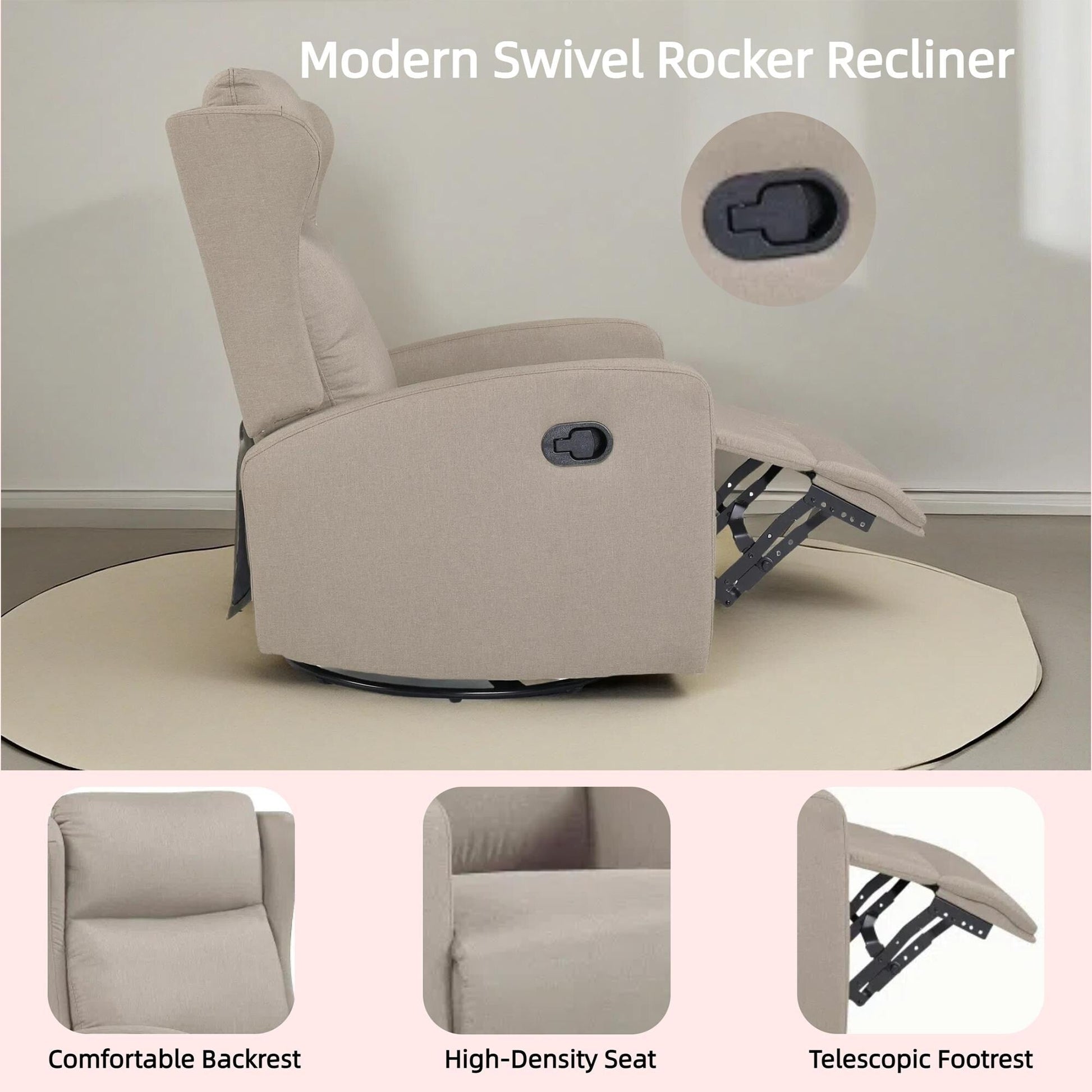 Fauteuil inclinable pivotant à 360° avec dossier inclinable à 3 positions et fonction oscillante