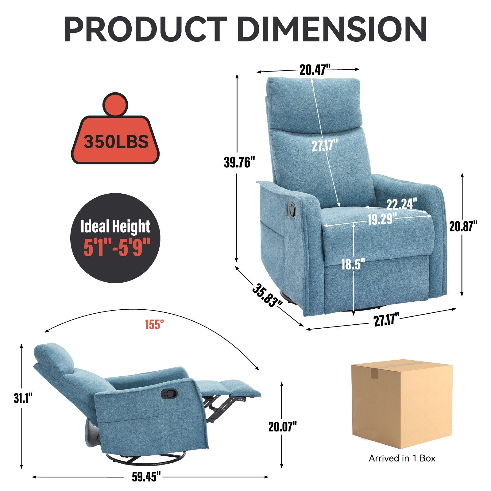 Fauteuil inclinable pivotant à 360° avec fonction massage et chauffage lombaire