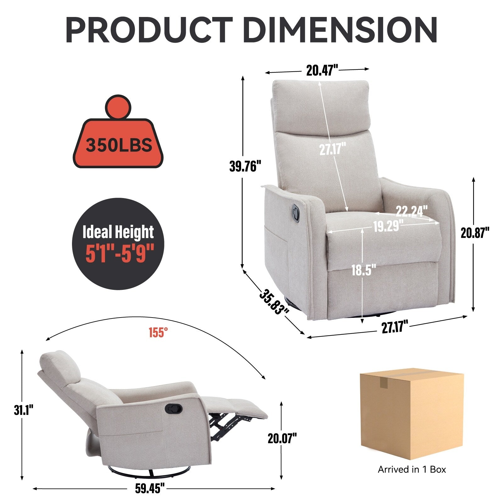 Fauteuil inclinable pivotant à 360° avec fonction massage et chauffage lombaire