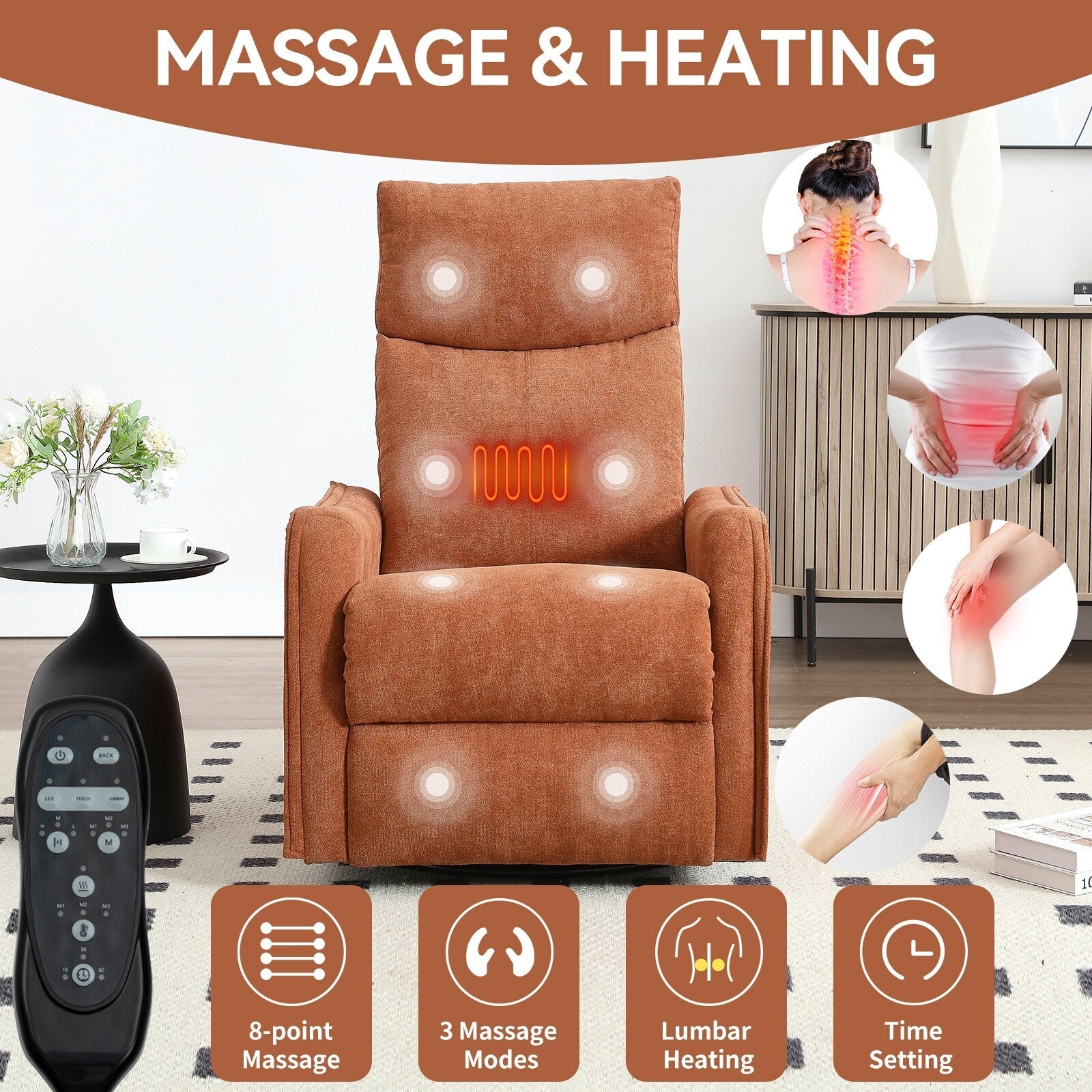 Fauteuil inclinable pivotant à 360° avec fonction massage et chauffage lombaire