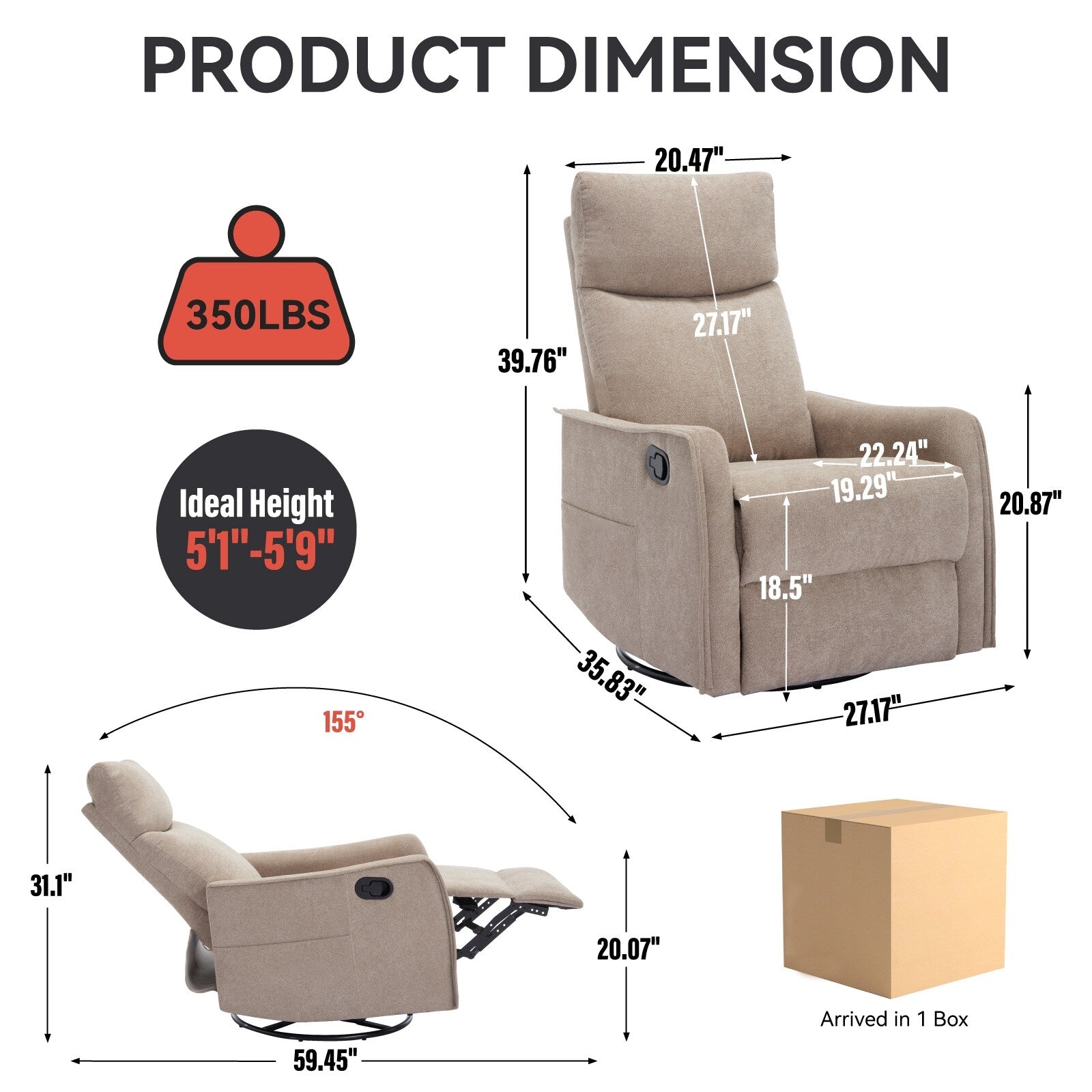 Fauteuil inclinable pivotant à 360° avec fonction massage et chauffage lombaire