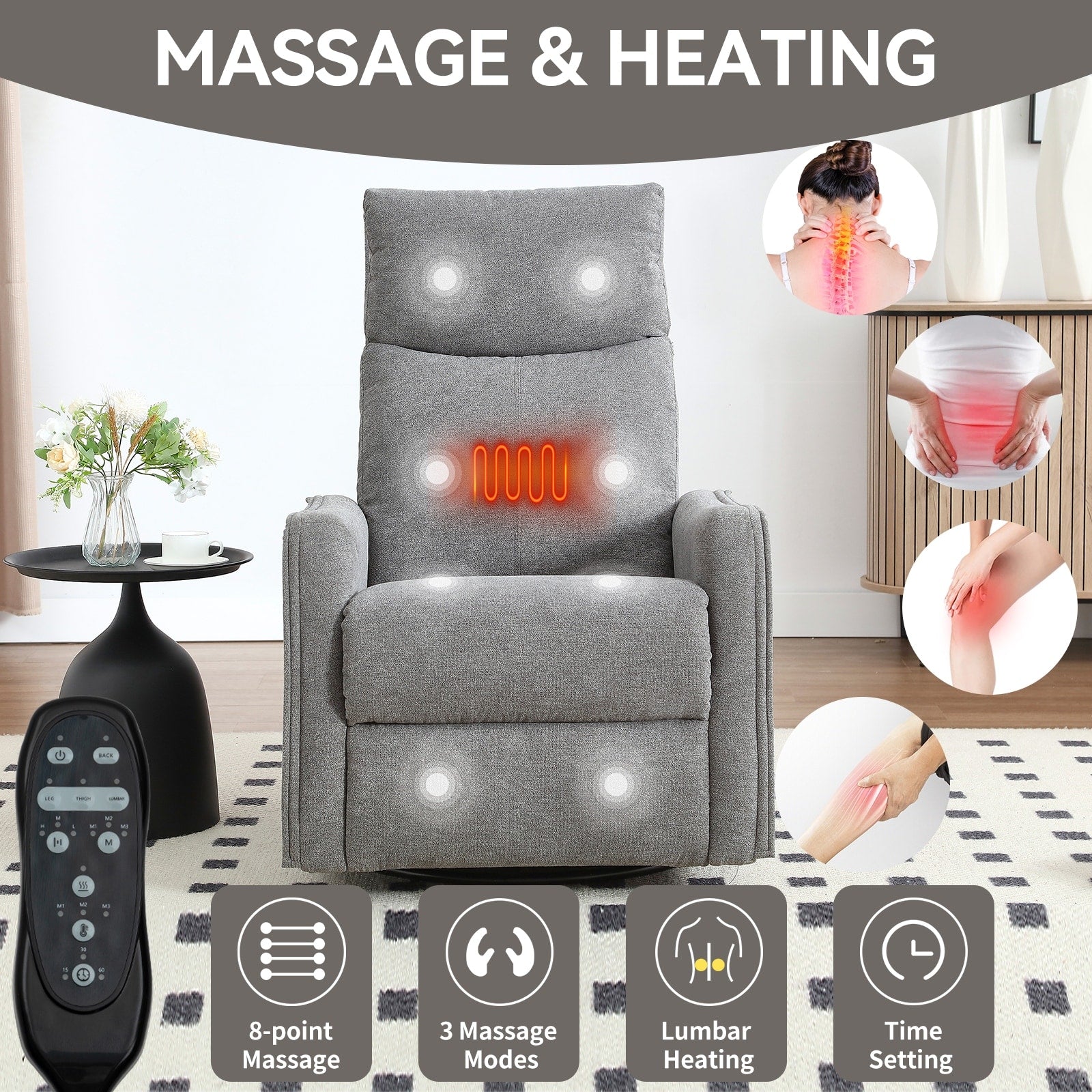 Fauteuil inclinable pivotant à 360° avec fonction massage et chauffage lombaire