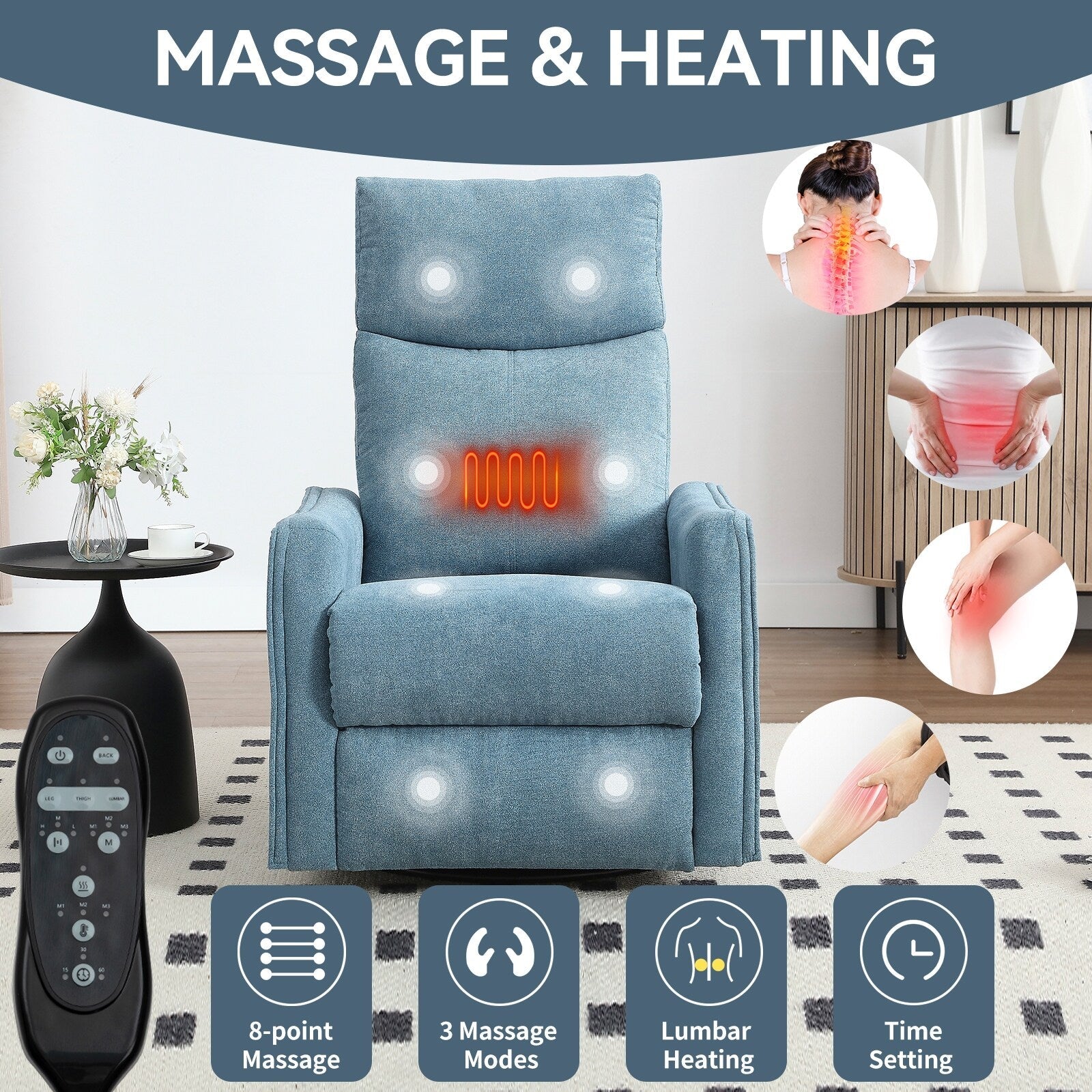 Fauteuil inclinable pivotant à 360° avec fonction massage et chauffage lombaire