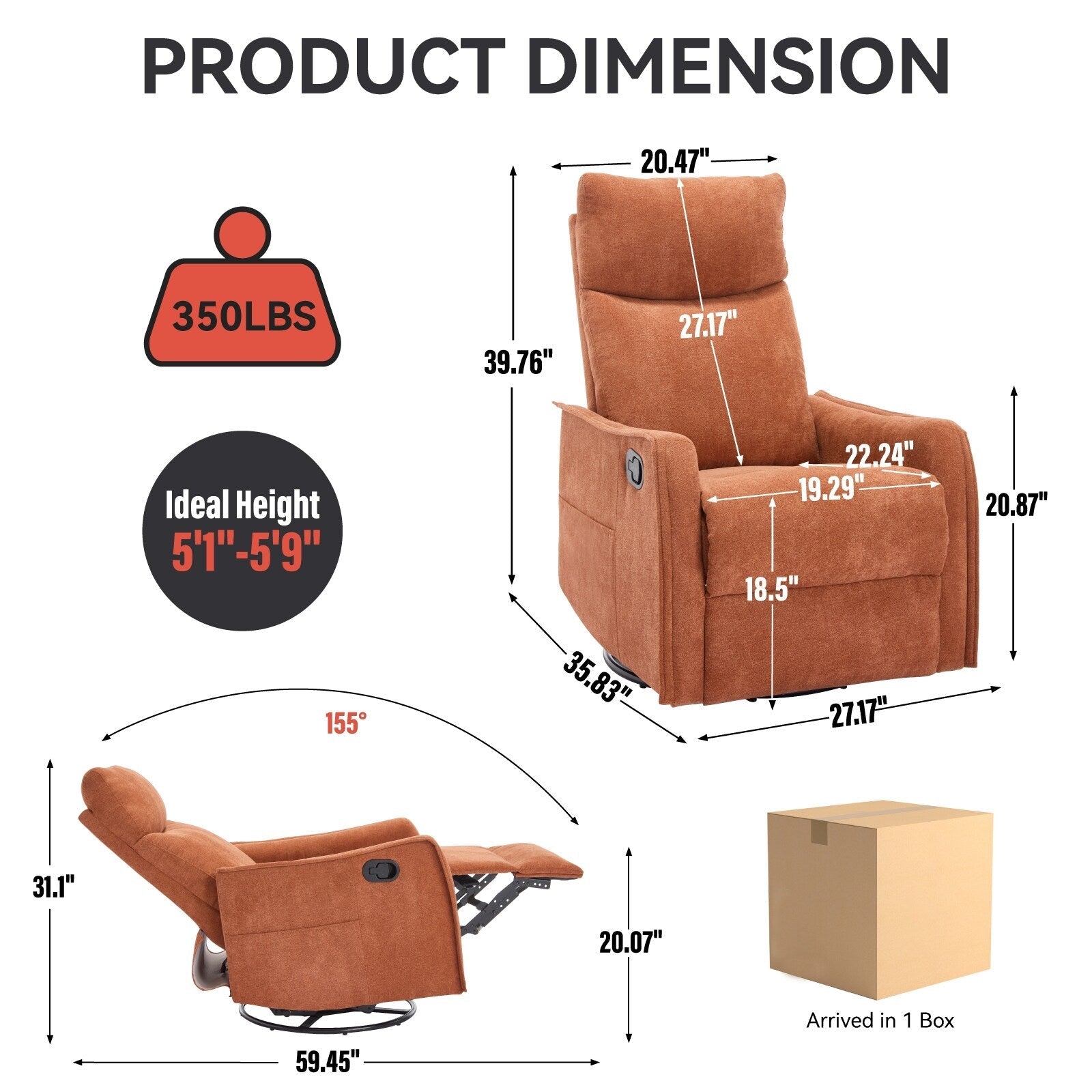 Fauteuil inclinable pivotant à 360° avec fonction massage et chauffage lombaire