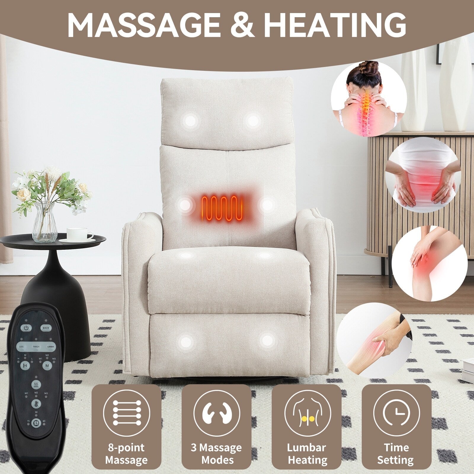 Fauteuil inclinable pivotant à 360° avec fonction massage et chauffage lombaire