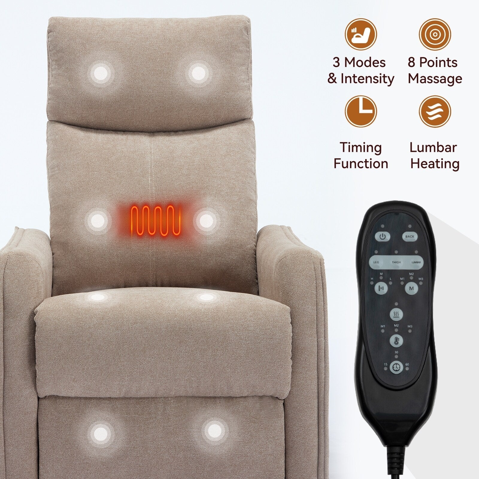 Fauteuil inclinable pivotant à 360° avec fonction massage et chauffage lombaire