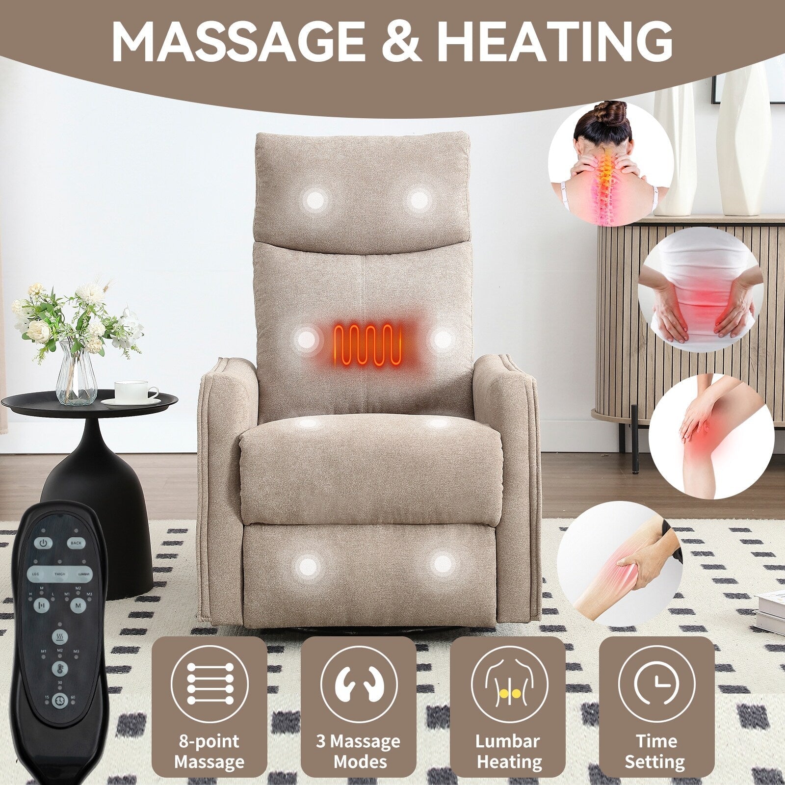 Fauteuil inclinable pivotant à 360° avec fonction massage et chauffage lombaire