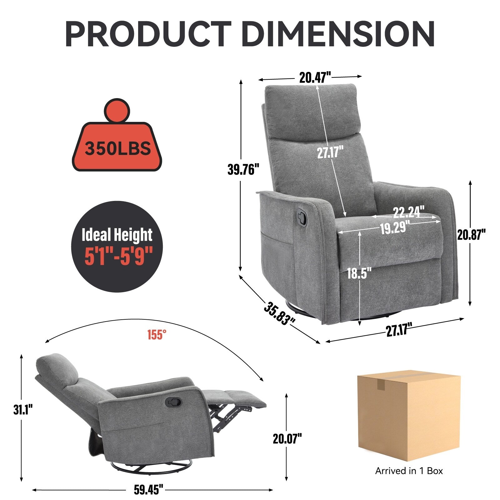 Fauteuil inclinable pivotant à 360° avec fonction massage et chauffage lombaire