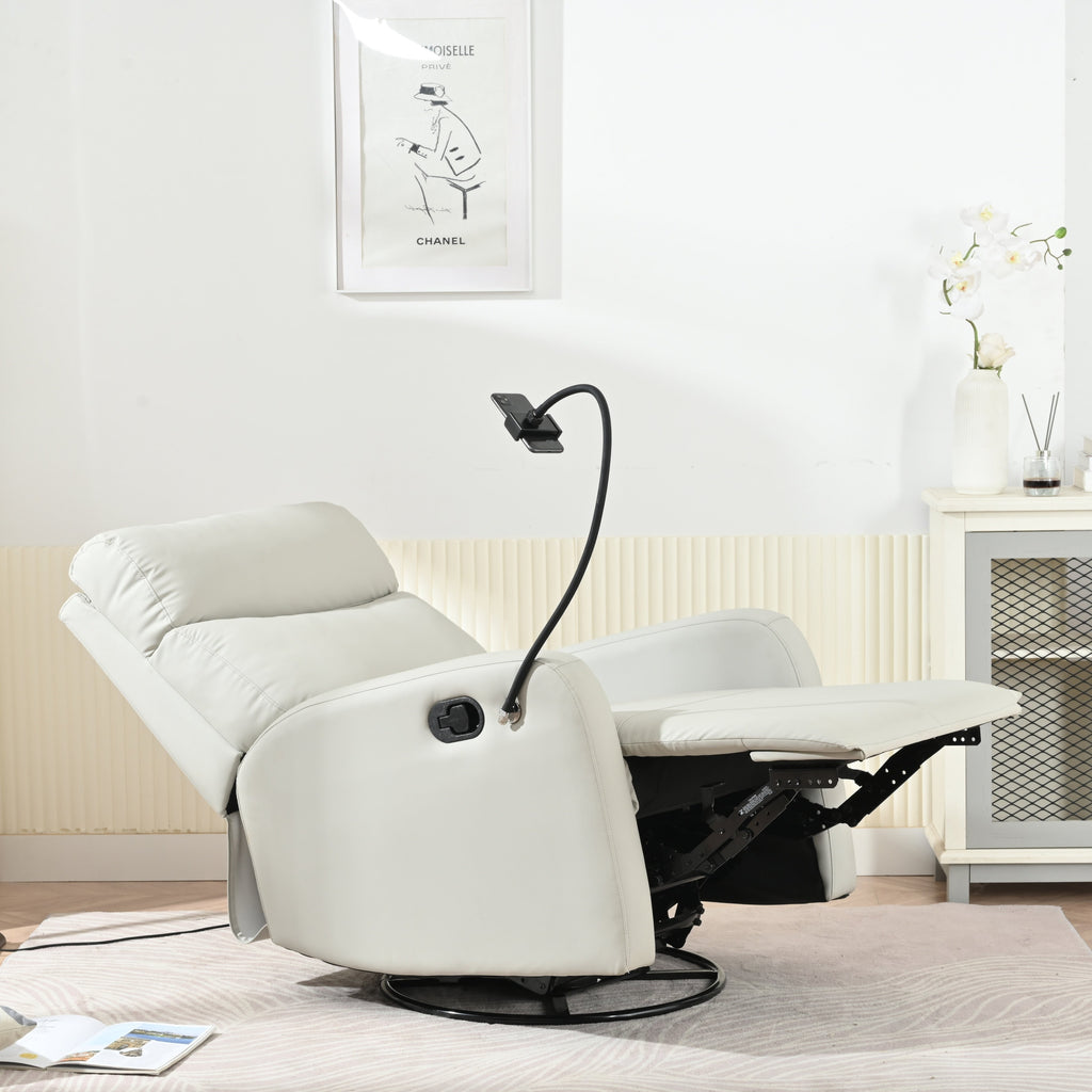 Fauteuil inclinable pivotant à 360° avec porte-téléphone, repose-pieds et position réglable pour salon et home cinéma.