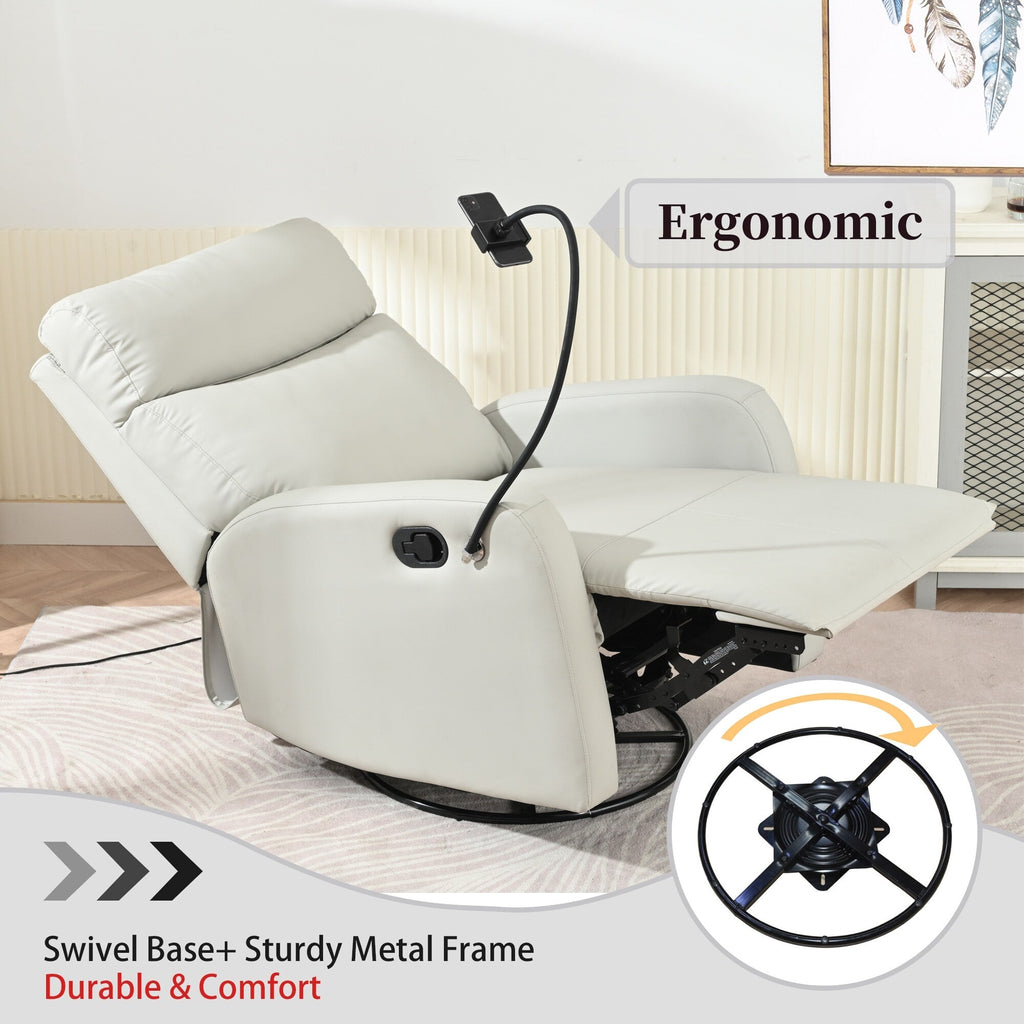 Fauteuil inclinable pivotant à 360° avec porte-téléphone, repose-pieds et position réglable pour salon et home cinéma.