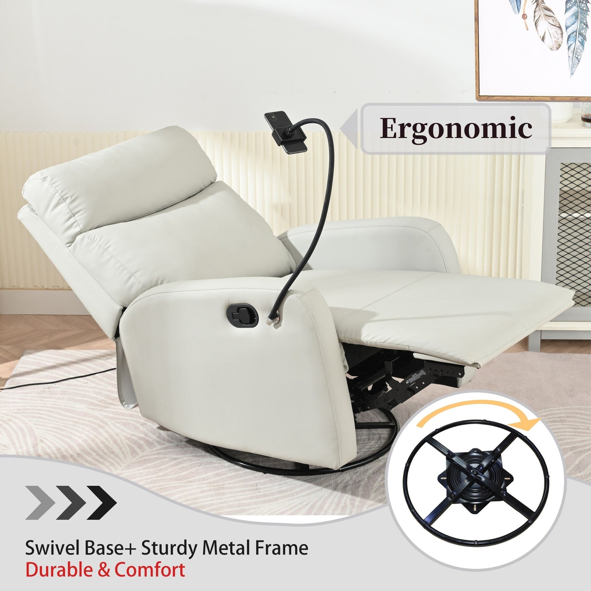 Fauteuil inclinable pivotant à 360° avec porte-téléphone, repose-pieds et position réglable pour salon et home cinéma.
