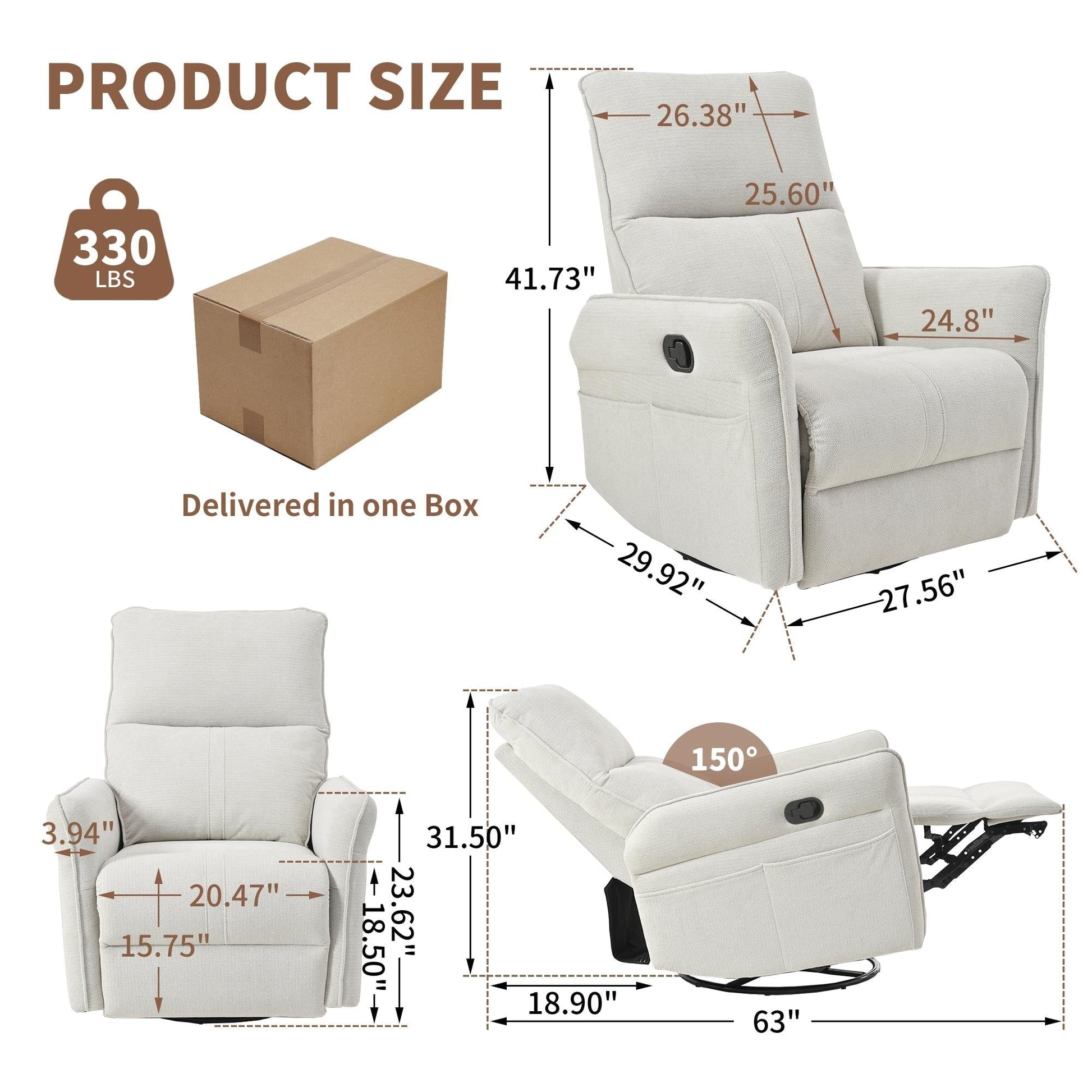 Fauteuil inclinable pivotant à 360°, chaise basculante manuelle avec repose-pieds, fauteuil de salon rembourré moderne pour petits espaces, avec poches latérales.