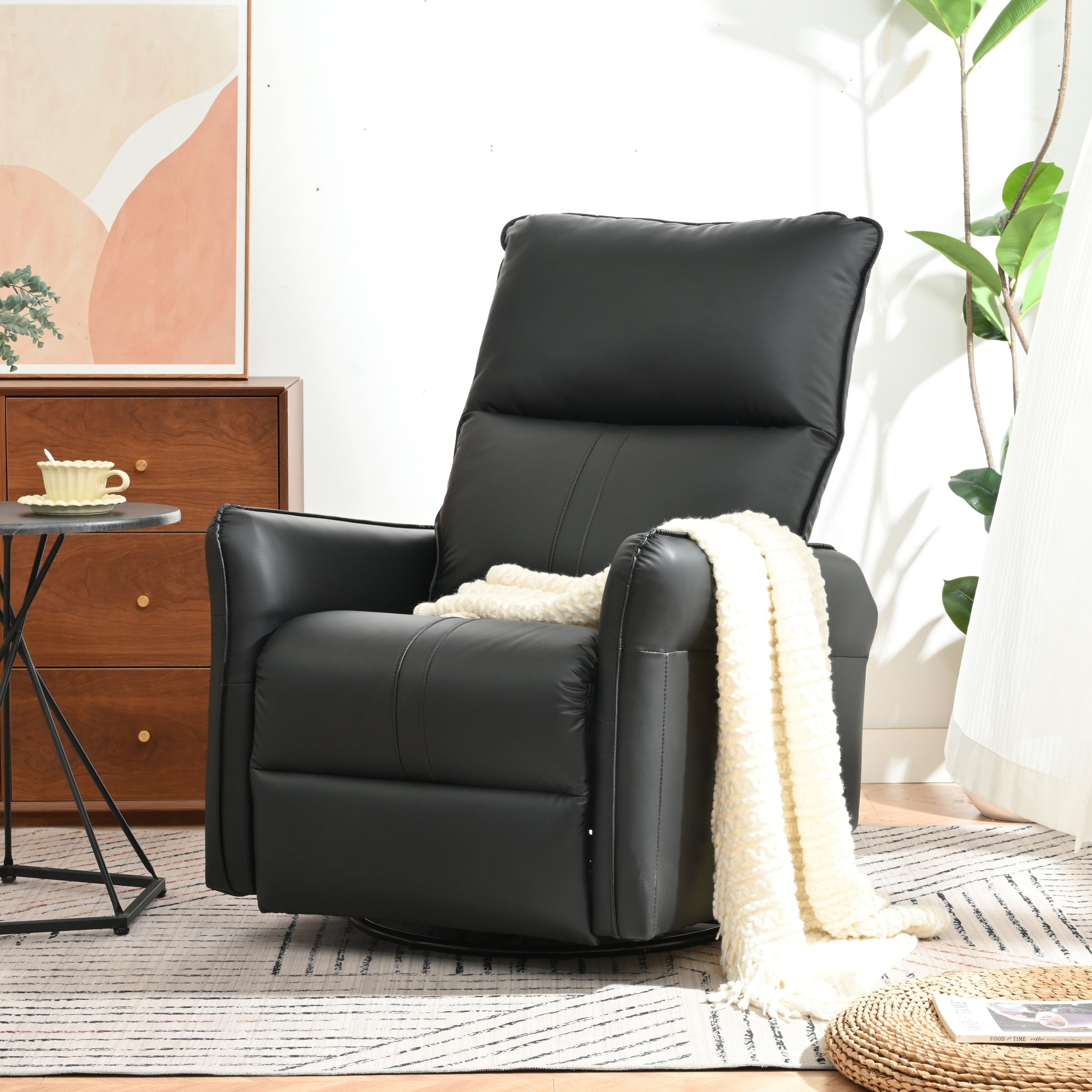 Fauteuil inclinable pivotant à 360°, chaise basculante manuelle avec repose-pieds, fauteuil de salon rembourré moderne pour petits espaces, avec poches latérales.