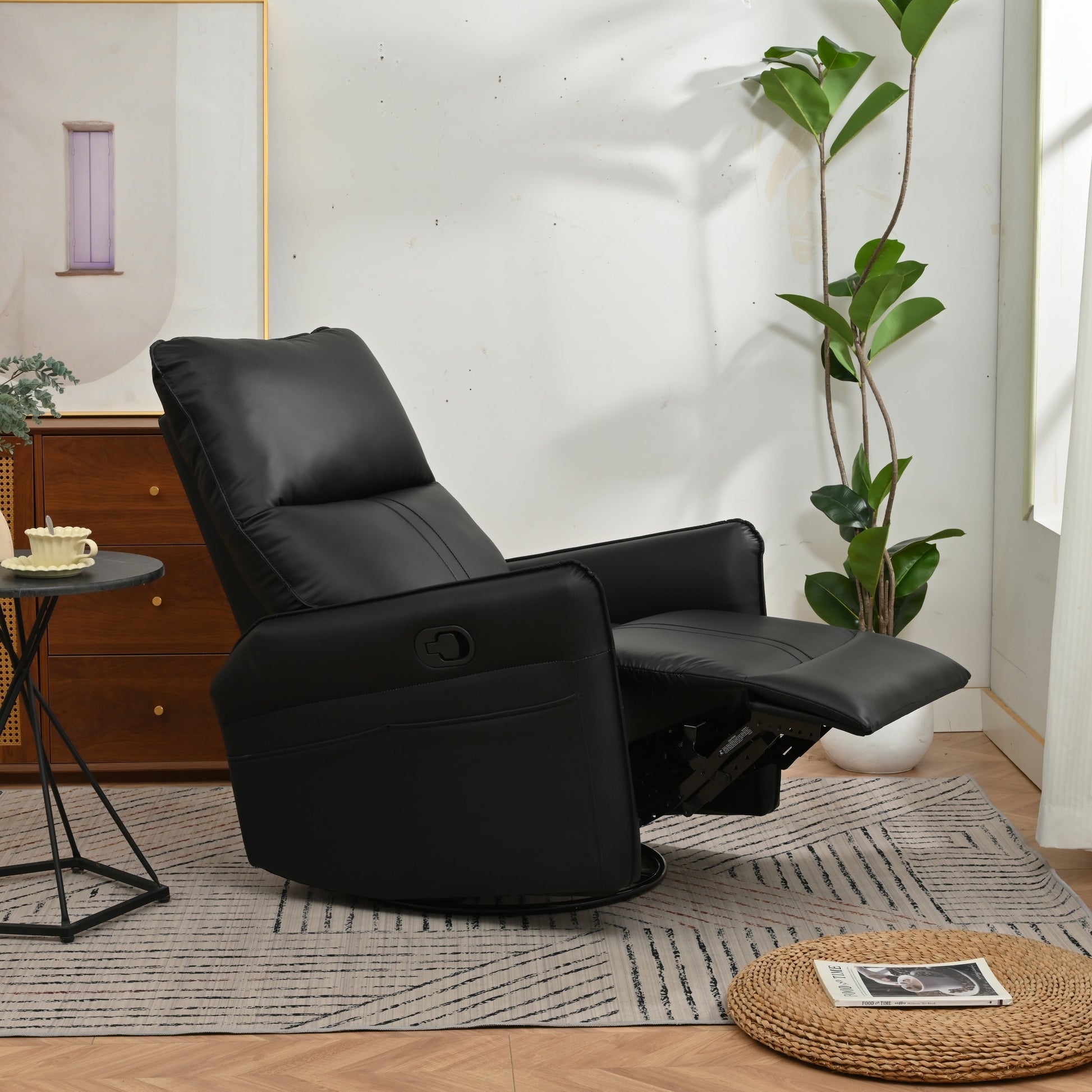 Fauteuil inclinable pivotant à 360°, chaise basculante manuelle avec repose-pieds, fauteuil de salon rembourré moderne pour petits espaces, avec poches latérales.