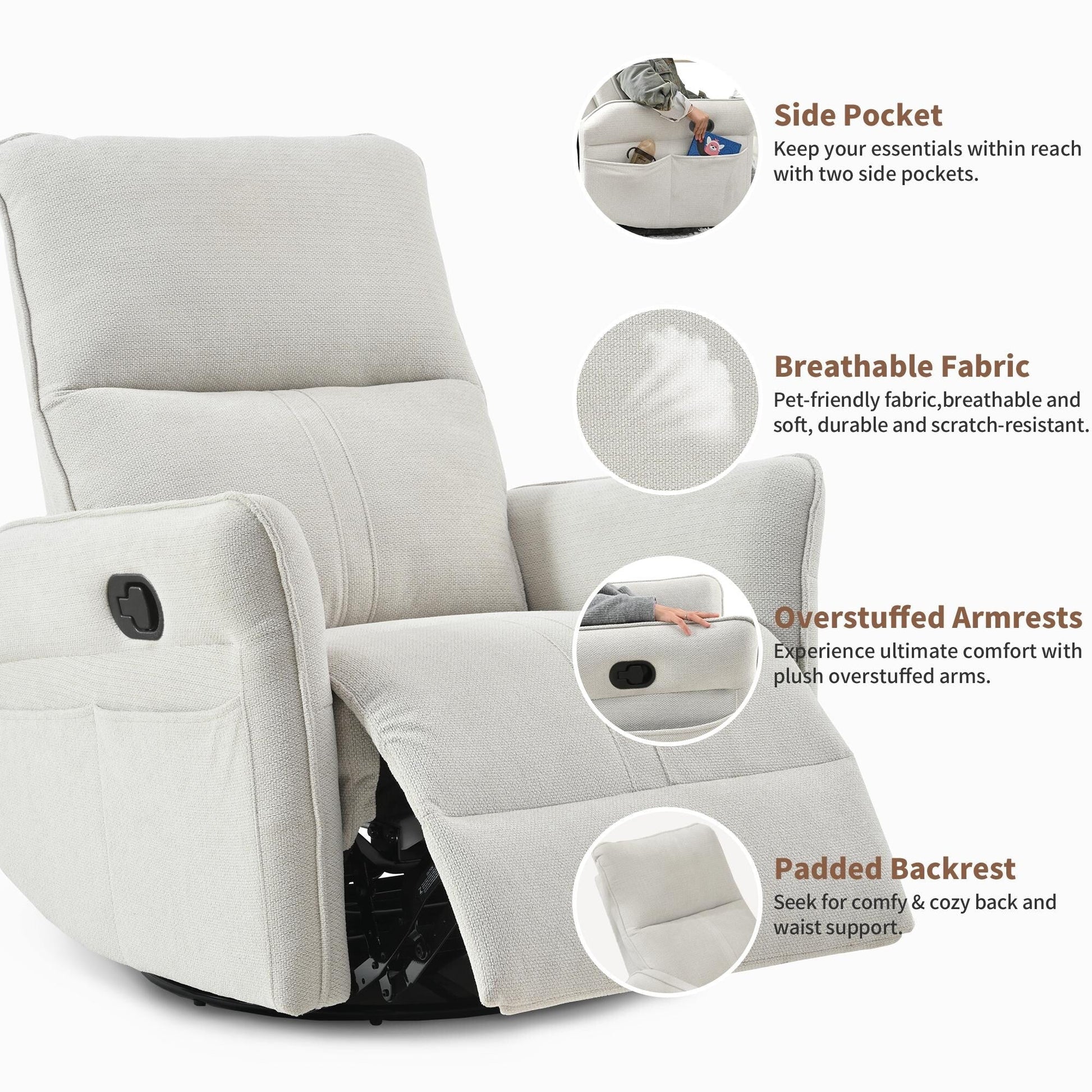 Fauteuil inclinable pivotant à 360°, chaise basculante manuelle avec repose-pieds, fauteuil de salon rembourré moderne pour petits espaces, avec poches latérales.
