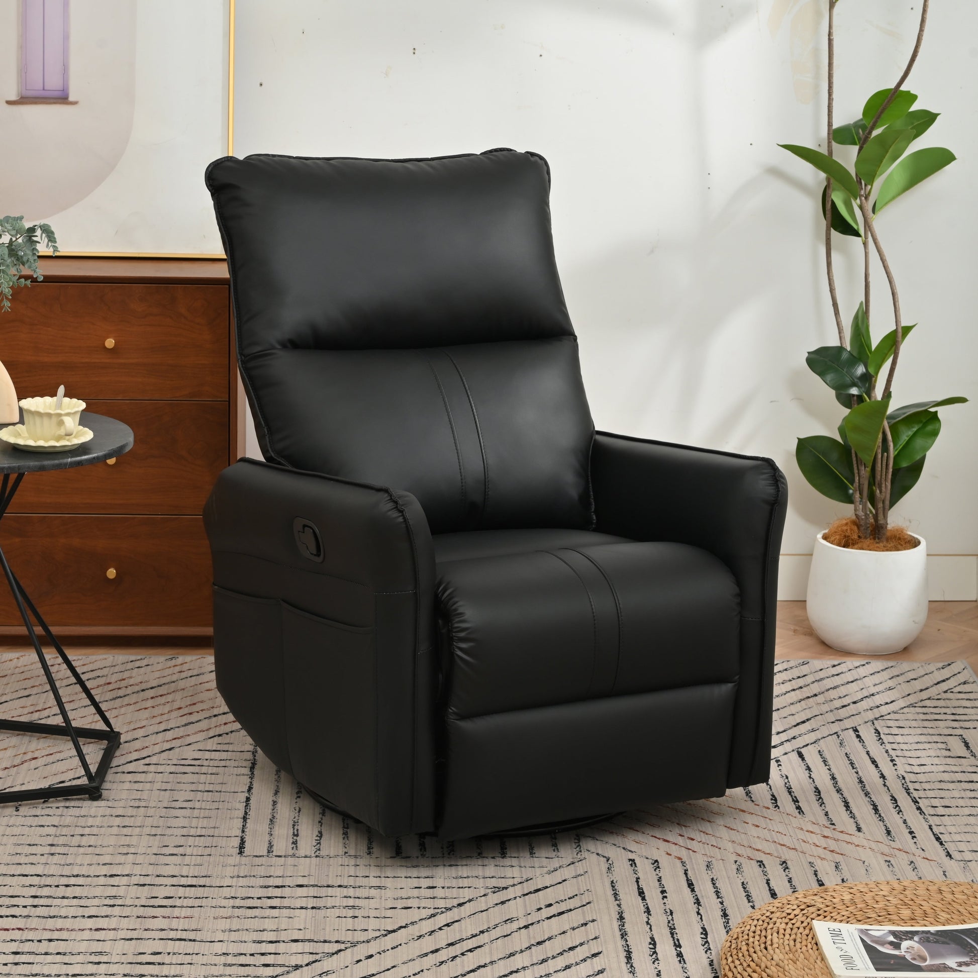 Fauteuil inclinable pivotant à 360°, chaise basculante manuelle avec repose-pieds, fauteuil de salon rembourré moderne pour petits espaces, avec poches latérales.