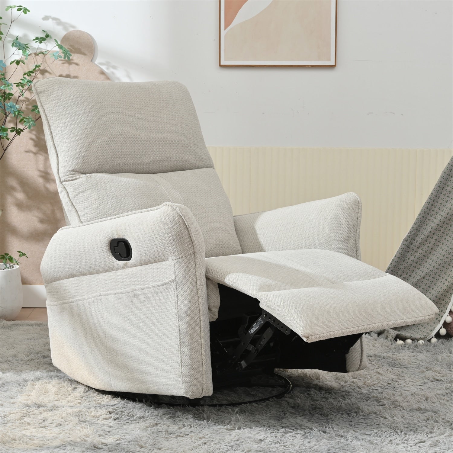Fauteuil inclinable pivotant à 360°, chaise basculante manuelle avec repose-pieds, fauteuil de salon rembourré moderne pour petits espaces, avec poches latérales.