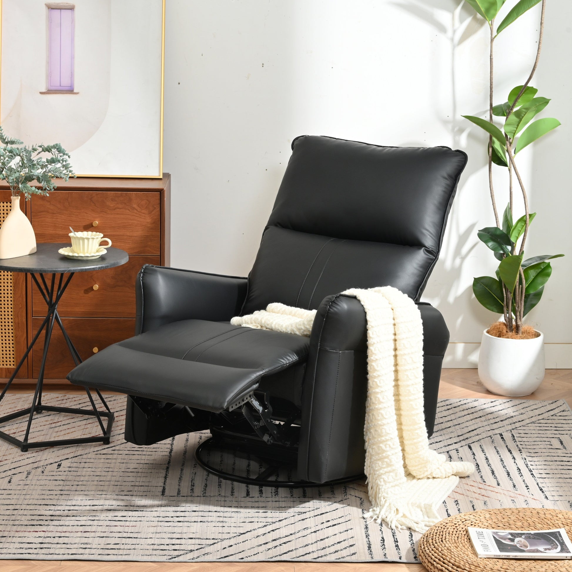 Fauteuil inclinable pivotant à 360°, chaise basculante manuelle avec repose-pieds, fauteuil de salon rembourré moderne pour petits espaces, avec poches latérales.
