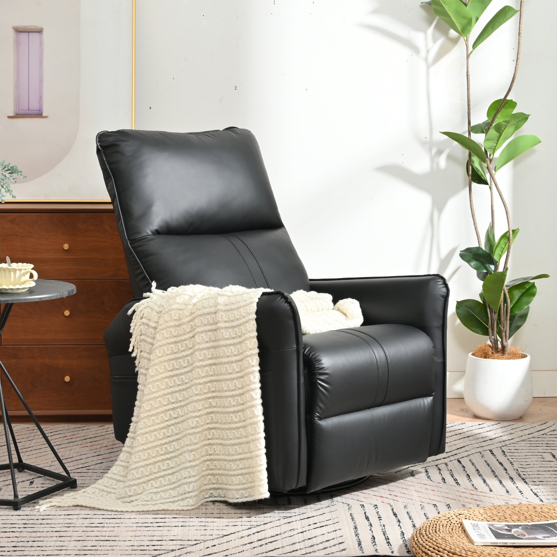 Fauteuil inclinable pivotant à 360°, chaise basculante manuelle avec repose-pieds, fauteuil de salon rembourré moderne pour petits espaces, avec poches latérales.