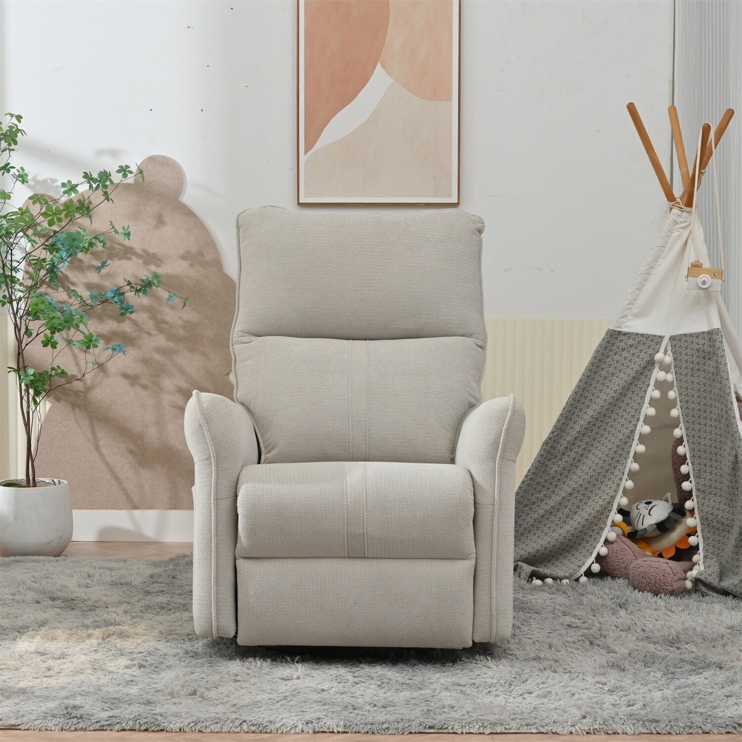 Fauteuil inclinable pivotant à 360°, chaise basculante manuelle avec repose-pieds, fauteuil de salon rembourré moderne pour petits espaces, avec poches latérales.