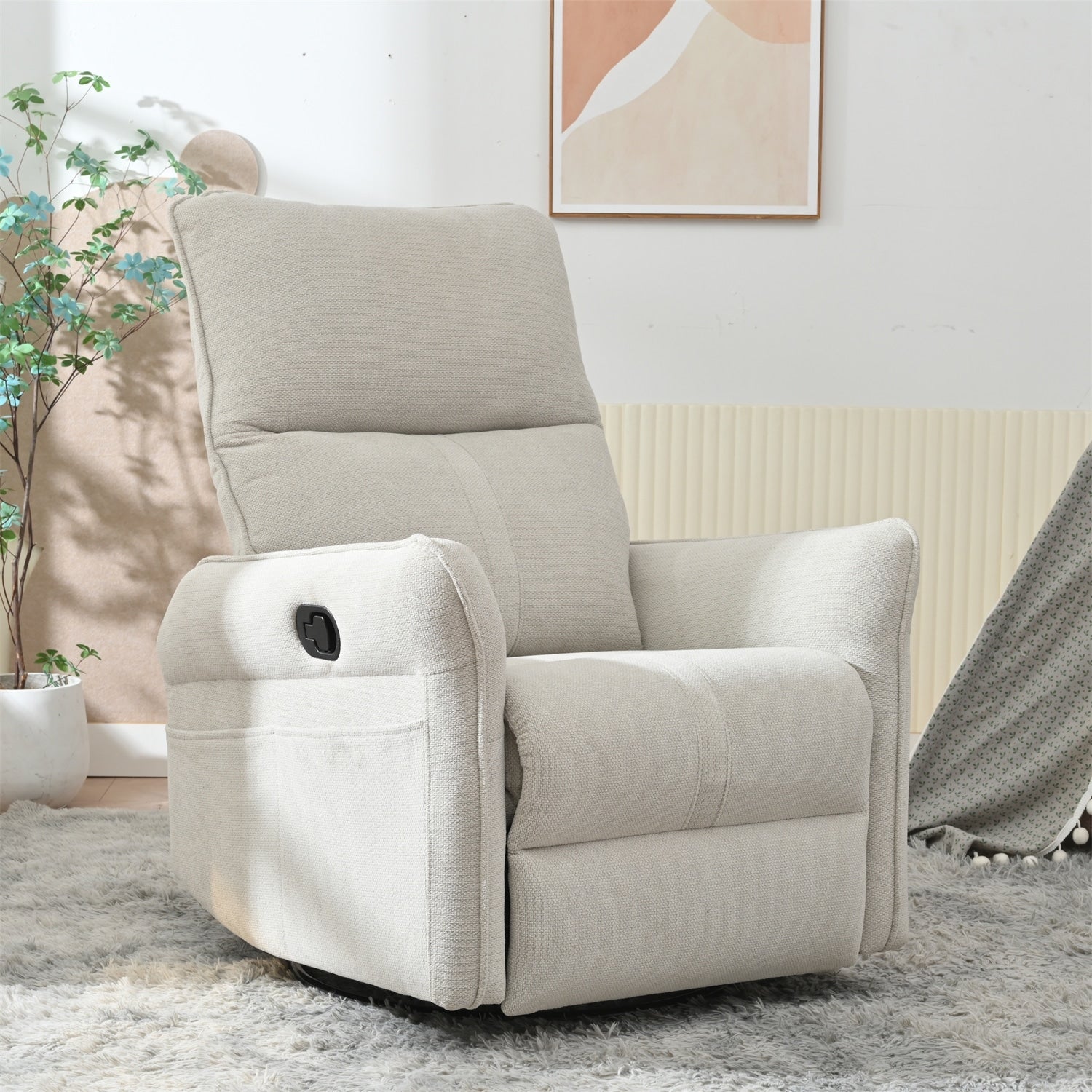 Fauteuil inclinable pivotant à 360°, chaise basculante manuelle avec repose-pieds, fauteuil de salon rembourré moderne pour petits espaces, avec poches latérales.