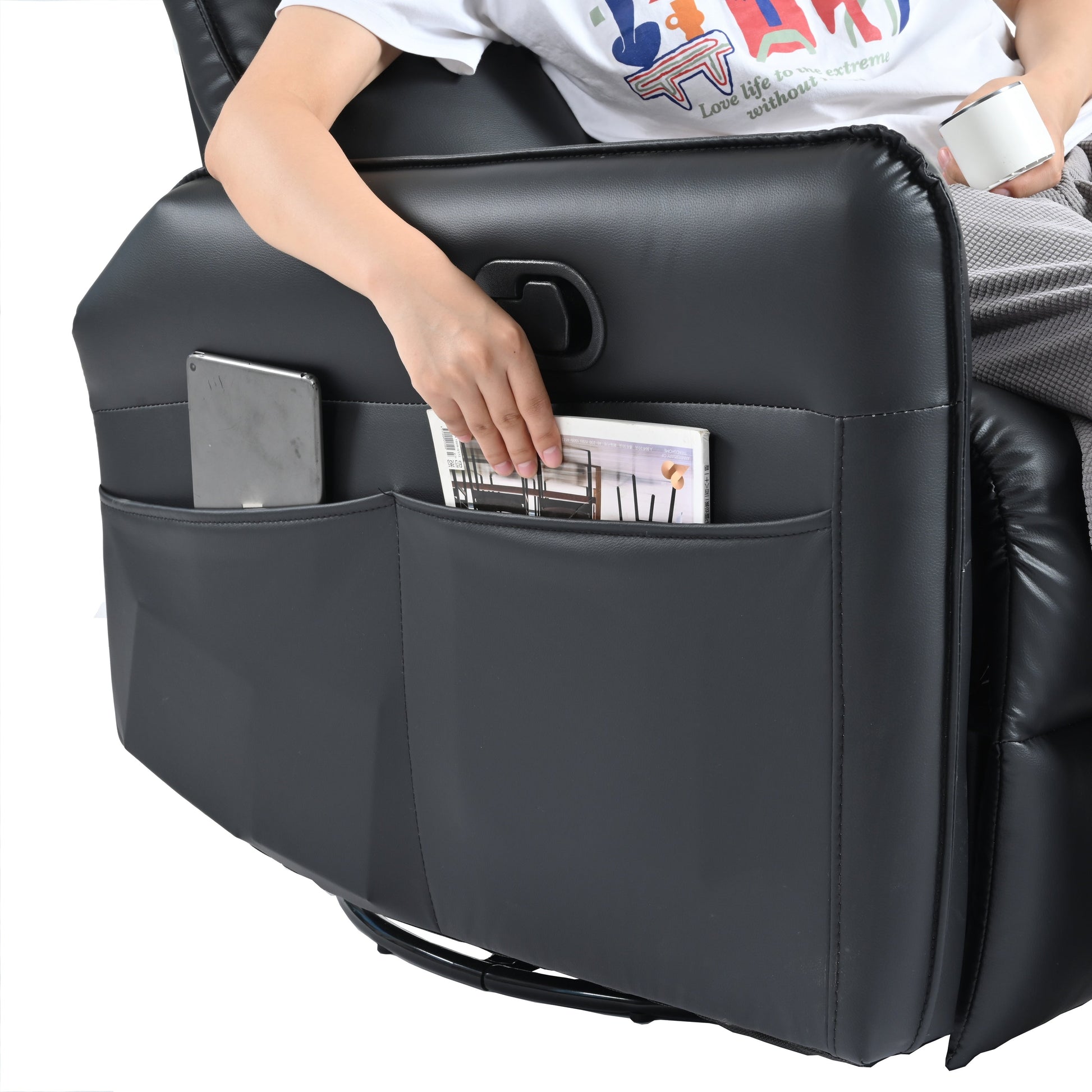 Fauteuil inclinable pivotant à 360°, chaise basculante manuelle avec repose-pieds, fauteuil de salon rembourré moderne pour petits espaces, avec poches latérales.