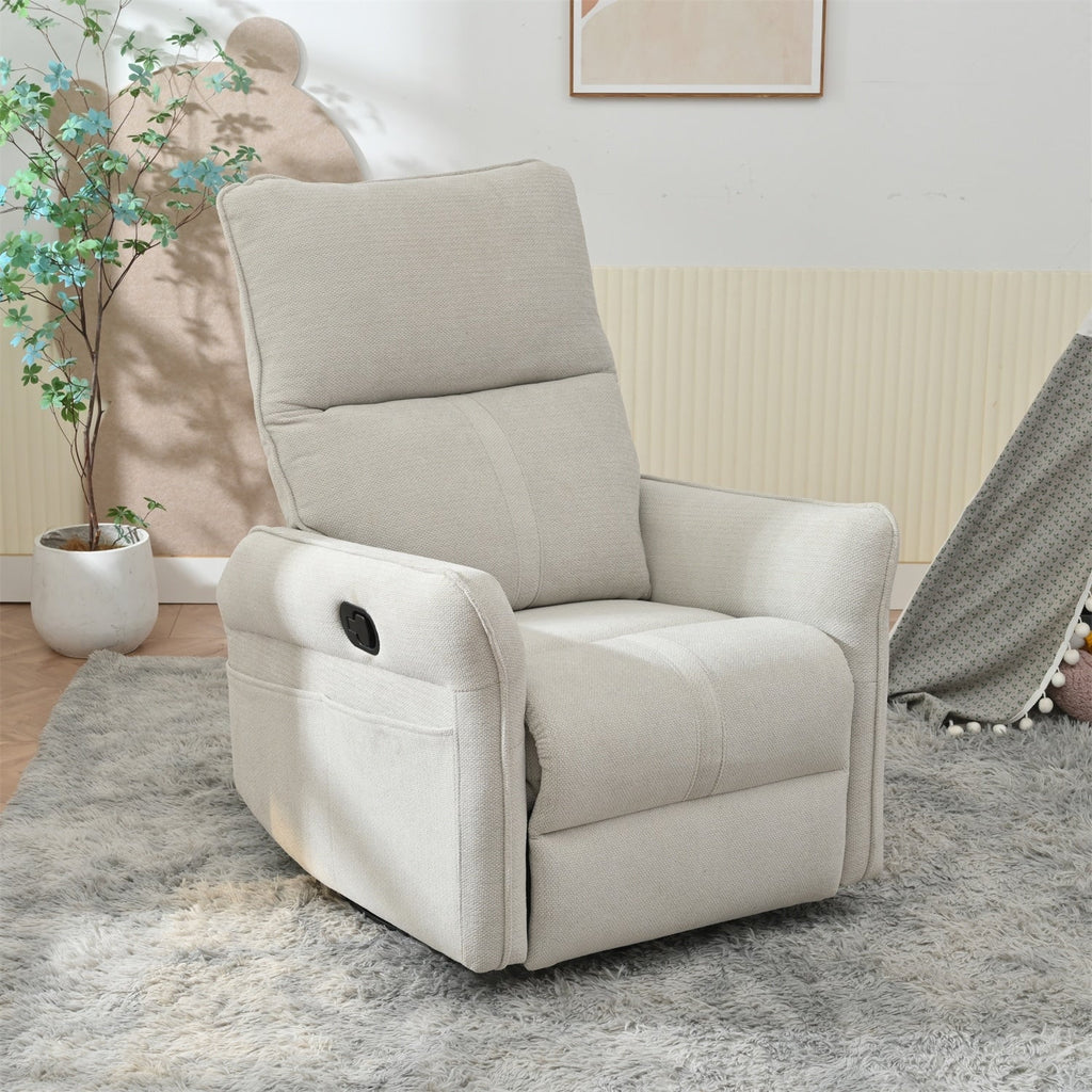 Fauteuil inclinable pivotant à 360°, chaise basculante manuelle avec repose-pieds, fauteuil de salon rembourré moderne pour petits espaces, avec poches latérales.