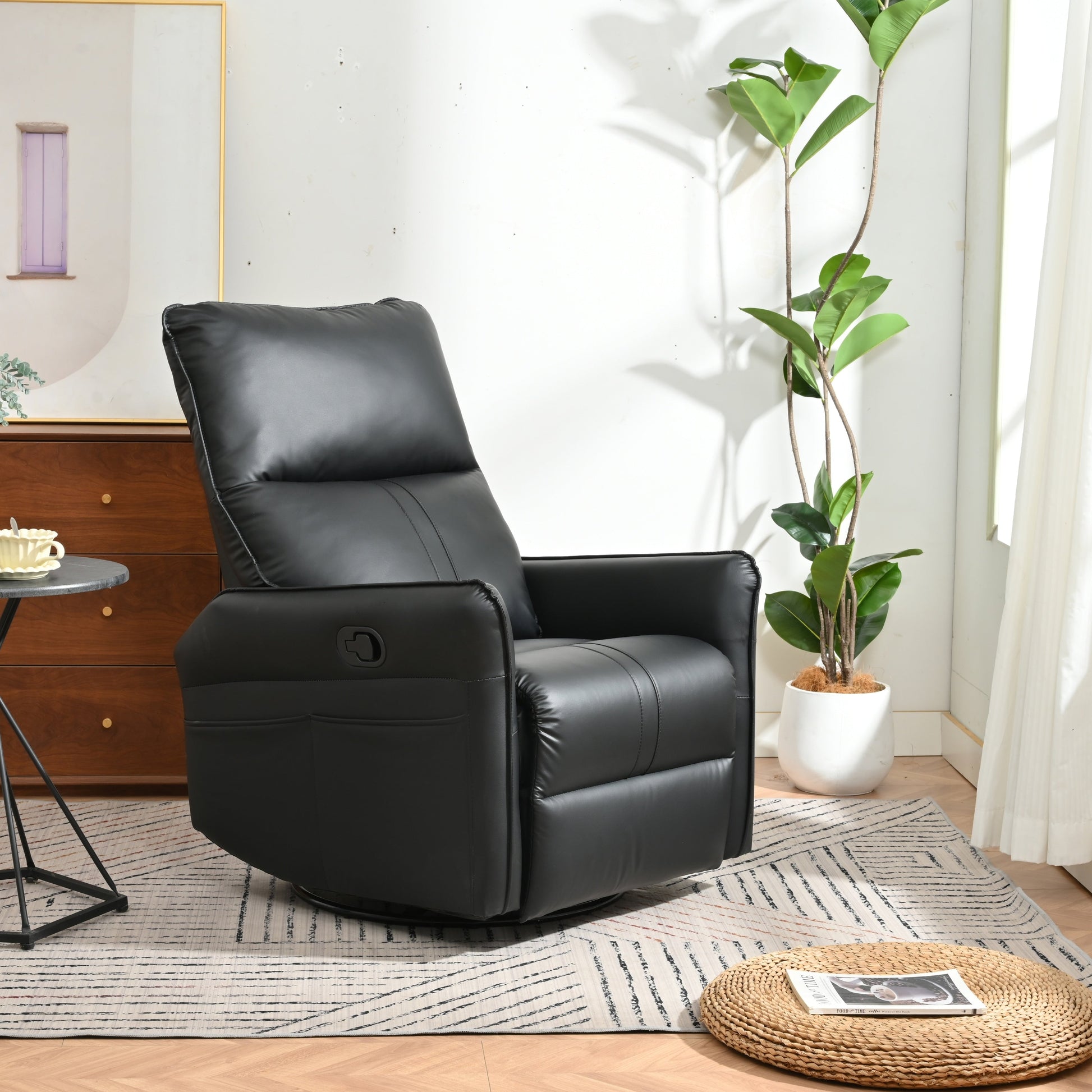 Fauteuil inclinable pivotant à 360°, chaise basculante manuelle avec repose-pieds, fauteuil de salon rembourré moderne pour petits espaces, avec poches latérales.