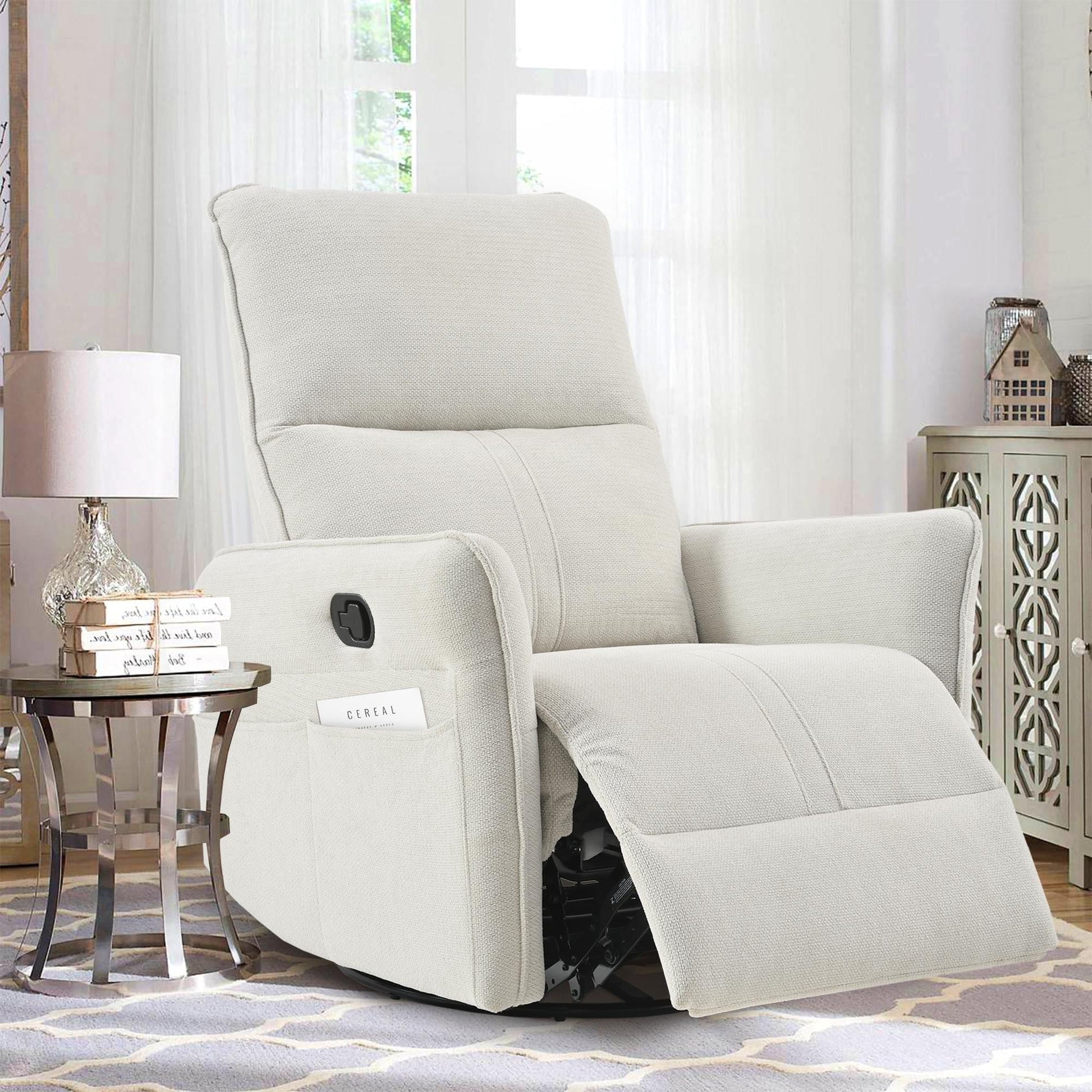 Fauteuil inclinable pivotant à 360°, chaise basculante manuelle avec repose-pieds, fauteuil de salon rembourré moderne pour petits espaces, avec poches latérales.