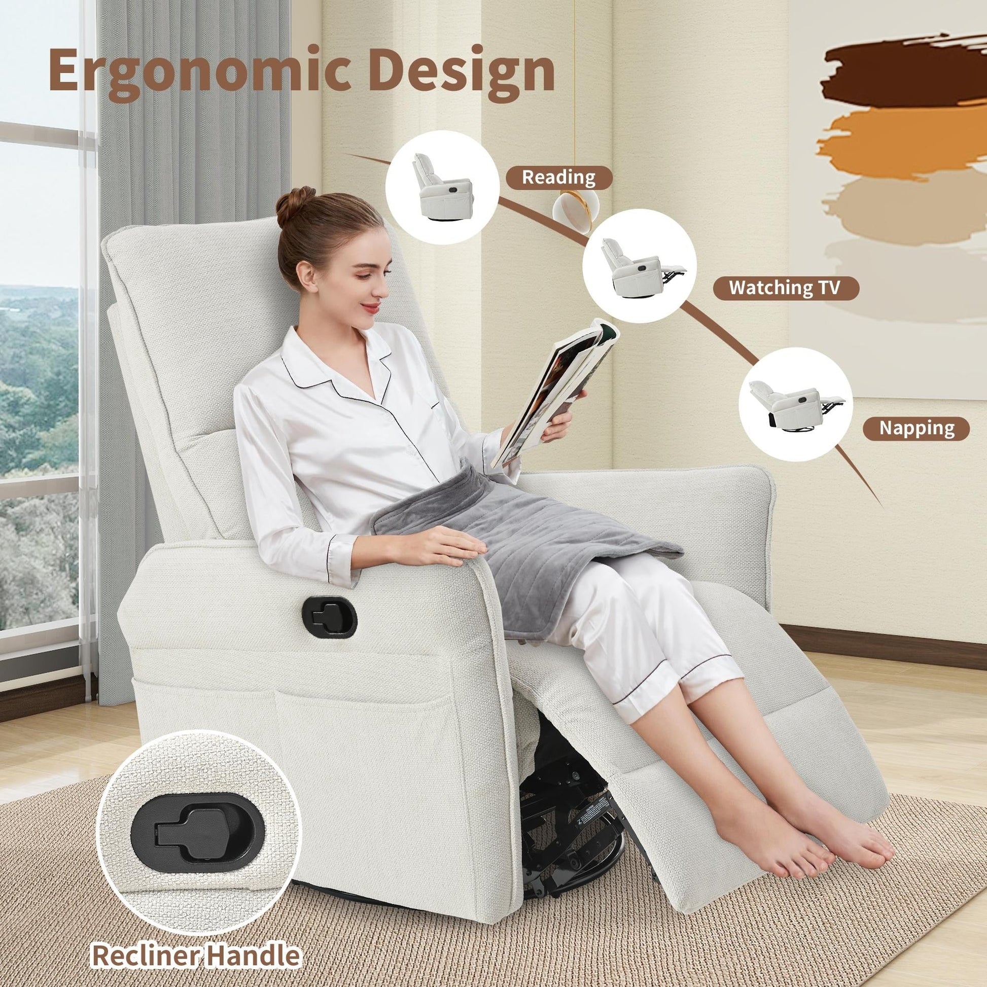 Fauteuil inclinable pivotant à 360°, chaise basculante manuelle avec repose-pieds, fauteuil de salon rembourré moderne pour petits espaces, avec poches latérales.