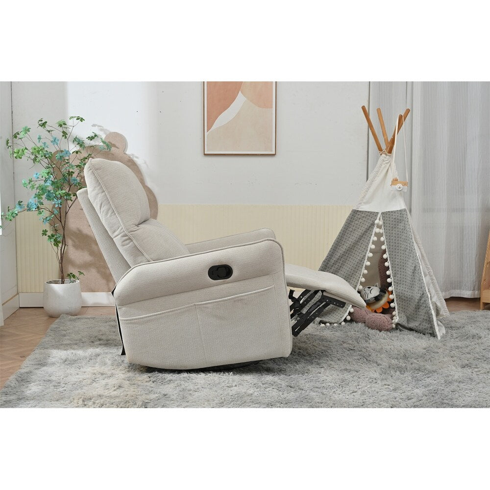 Fauteuil inclinable pivotant à 360°, chaise basculante manuelle avec repose-pieds, fauteuil de salon rembourré moderne pour petits espaces, avec poches latérales.