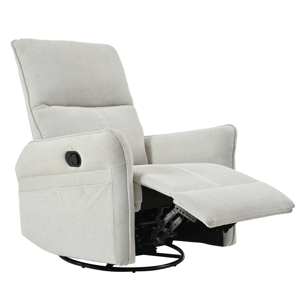 Fauteuil inclinable pivotant à 360°, chaise basculante manuelle avec repose-pieds, fauteuil de salon rembourré moderne pour petits espaces, avec poches latérales.