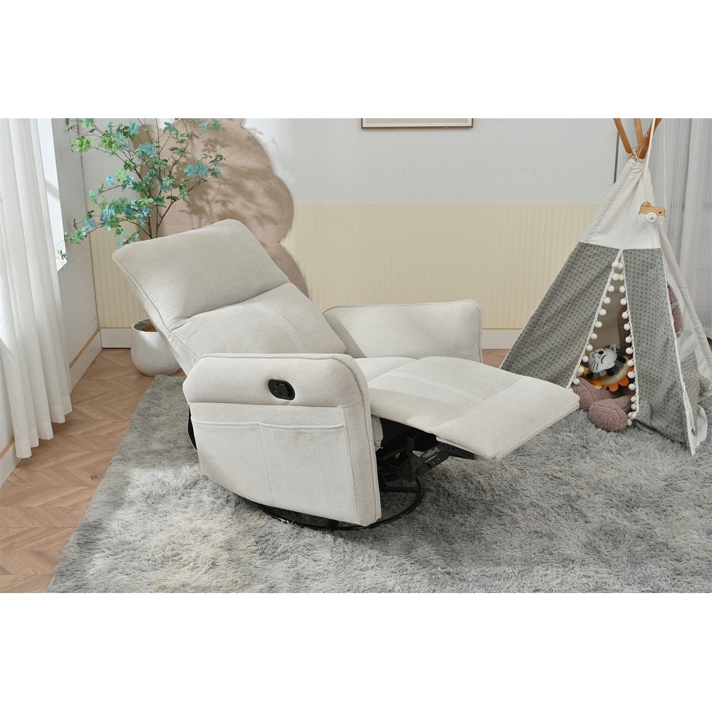 Fauteuil inclinable pivotant à 360°, chaise basculante manuelle avec repose-pieds, fauteuil de salon rembourré moderne pour petits espaces, avec poches latérales.