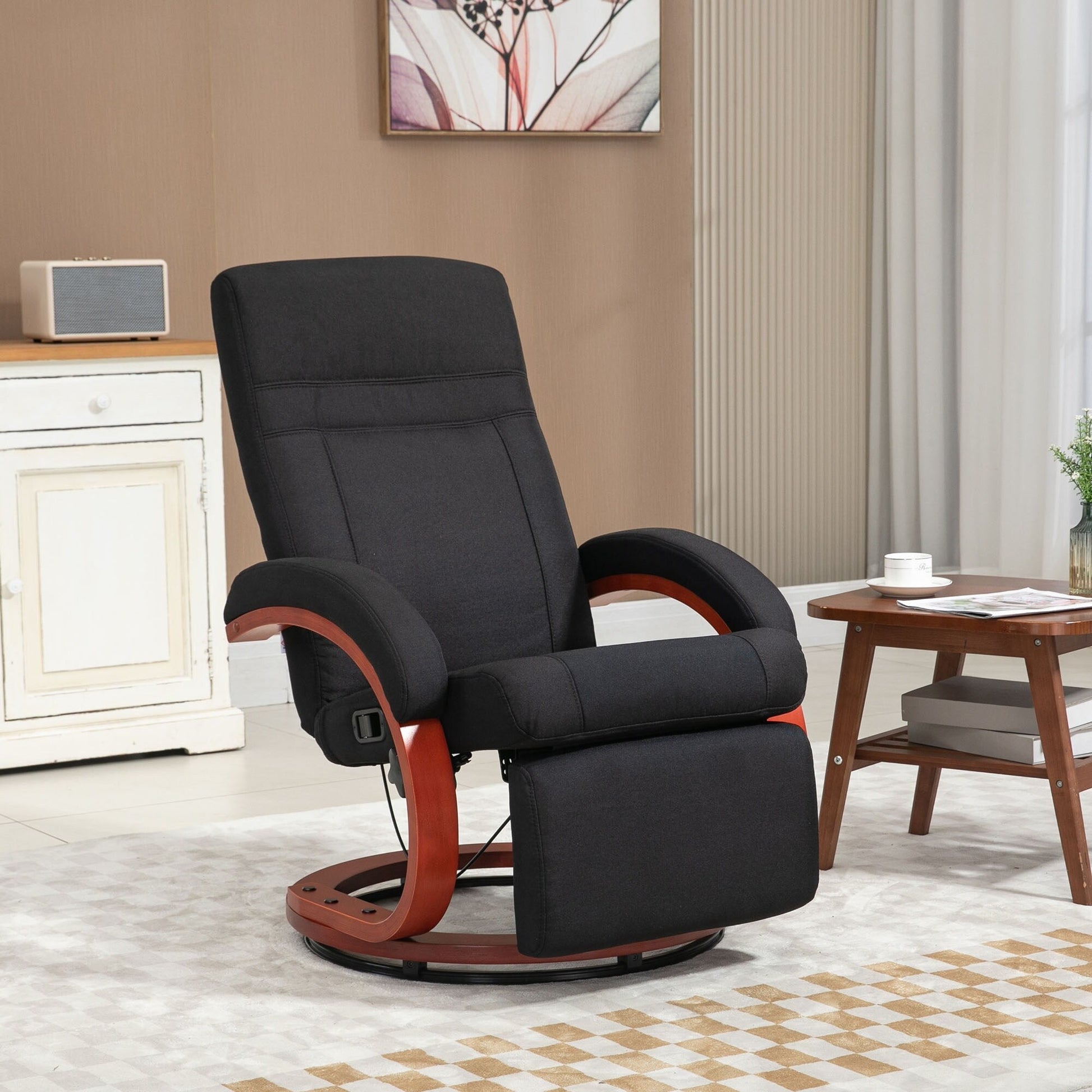Chaise inclinable pivotante à 360°, base en bois, réglage manuel, dossier inclinable, repose-pieds rétractable et accoudoirs rembourrés.