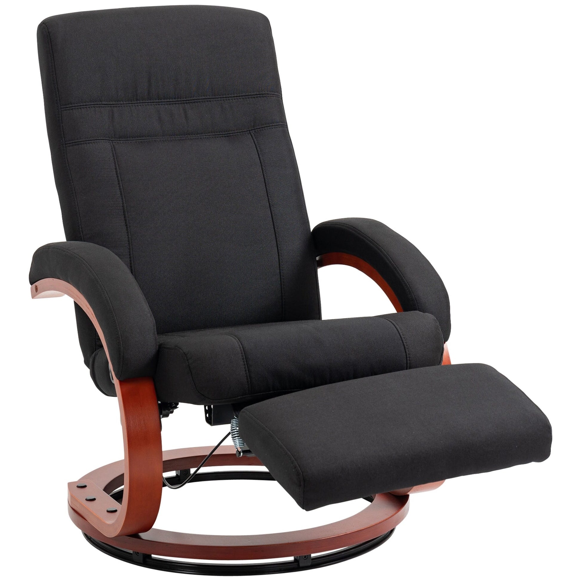 Chaise inclinable pivotante à 360°, base en bois, réglage manuel, dossier inclinable, repose-pieds rétractable et accoudoirs rembourrés.
