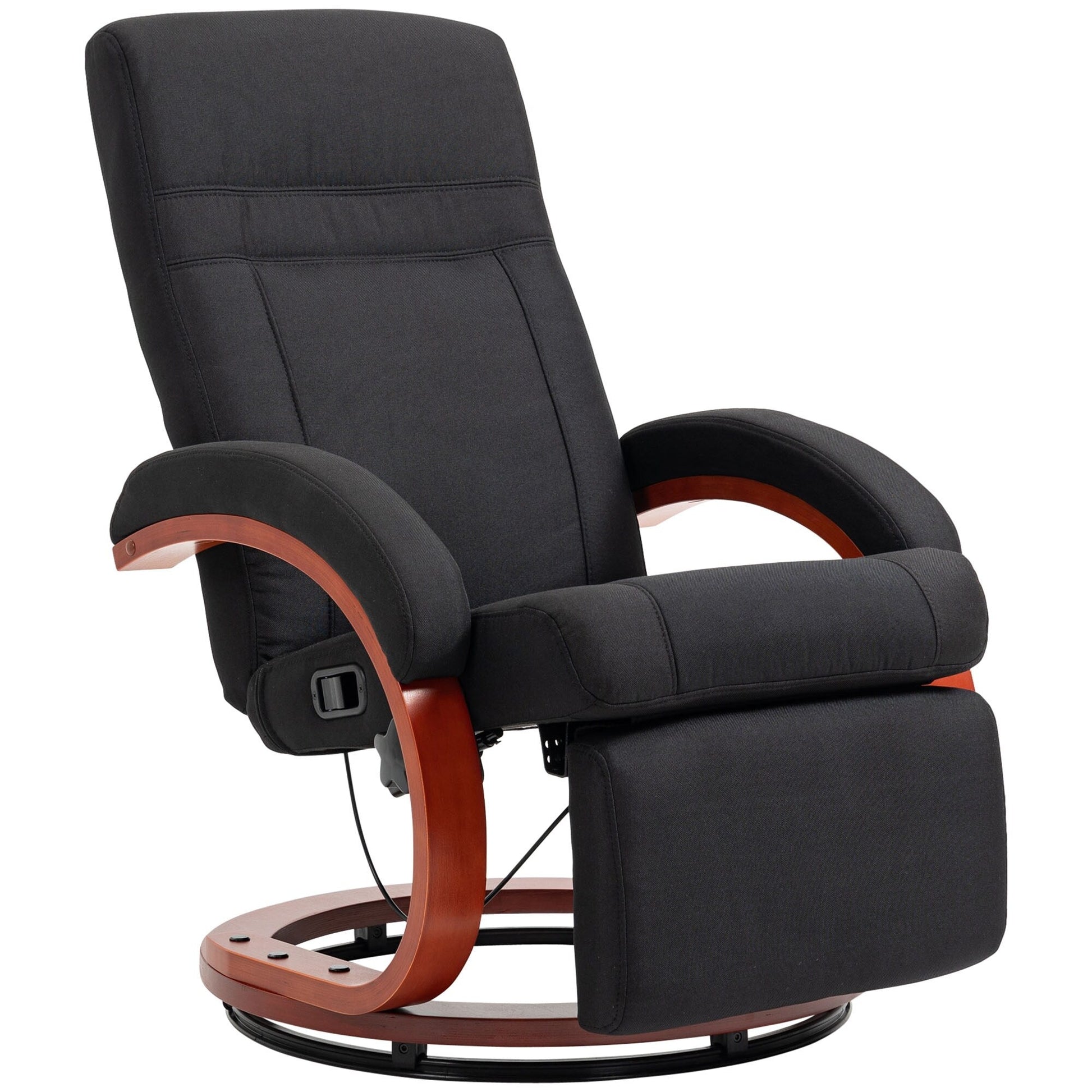 Chaise inclinable pivotante à 360°, base en bois, réglage manuel, dossier inclinable, repose-pieds rétractable et accoudoirs rembourrés.