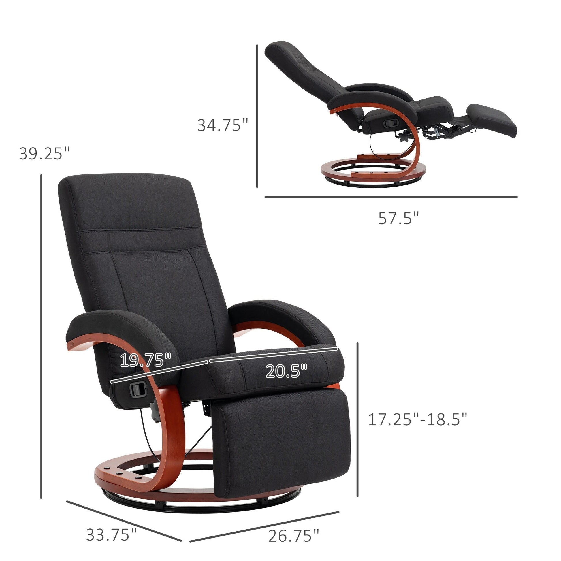 Chaise inclinable pivotante à 360°, base en bois, réglage manuel, dossier inclinable, repose-pieds rétractable et accoudoirs rembourrés.