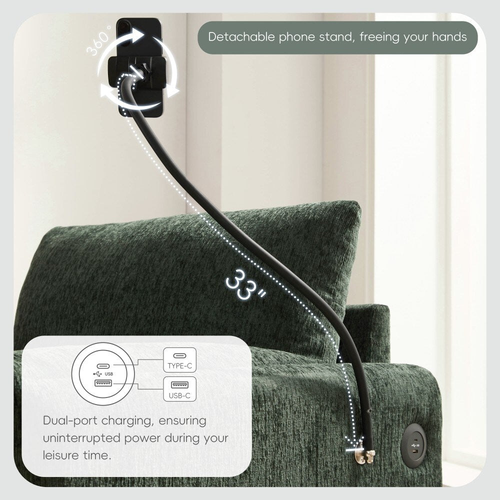 Canapé simple Chenille 38 avec pouf de rangement, chargeur USB, poches de rangement latérales et accoudoirs en forme d'oreiller.