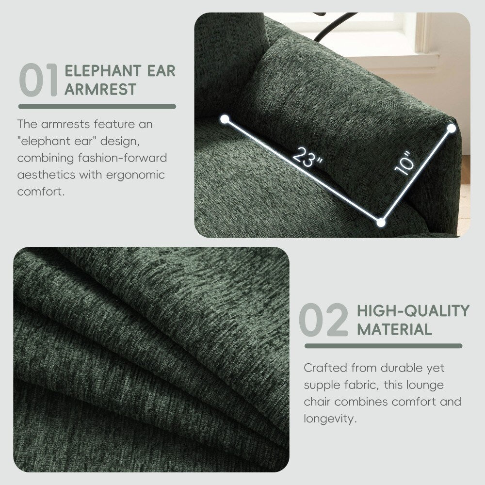 Canapé simple Chenille 38 avec pouf de rangement, chargeur USB, poches de rangement latérales et accoudoirs en forme d'oreiller.